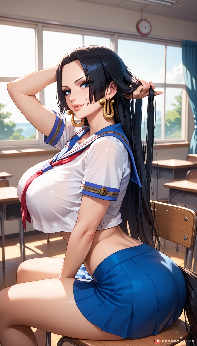 Close mouth,Milf, motherly, Fitgirl, Score_8_up, Score_7_up,  break, Best Quality, Beautiful Skin, Boa Hancock, Black Hair, blue eyes, Long Hair, forehead, Large Breasts, woman, sexy woman, mature female, mommy, sharp eyes, detailed lips, big breast, short sleeves sailor uniform, sexy sit, classroom, evil smiling, seductive lips, adjusting hair, short skirt, hunter eyes, looking back, midriff peek, earrings , high pony tail