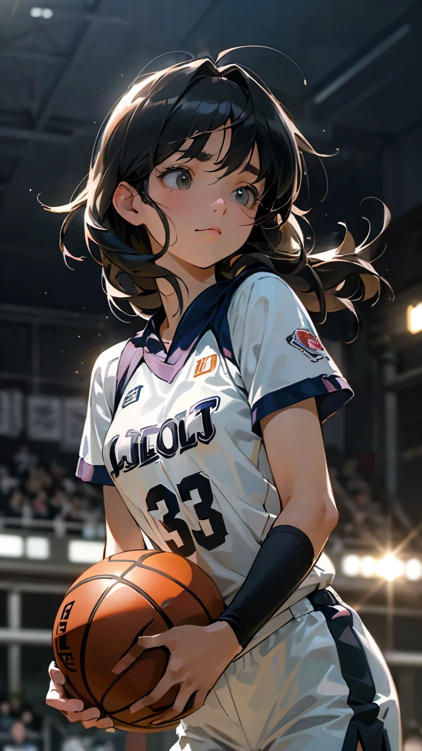 (8k,  top quality,   Masterpiece  :1.2), ( realistic , photo- realistic :1.37),  ultra detail, top quality,   ultra high resolution ,   Professional Lighting ,  photon mapping,  radiosity,  Physically Based Rendering,  cinematic lights,  basketball court , depth of writing,  sharp concentration,Sunbeam, Good composition,(Bokeh:1.2)  1 girl ,Alone,(whole body), ( closed mouth ),Beautiful detailed eyes ,  pose,  Thin Waist,  basketball uniform ,  black hair, messy hair , long hair swaying in the wind ,(ulzzang-6500:1.2),   mix 4,  hello 