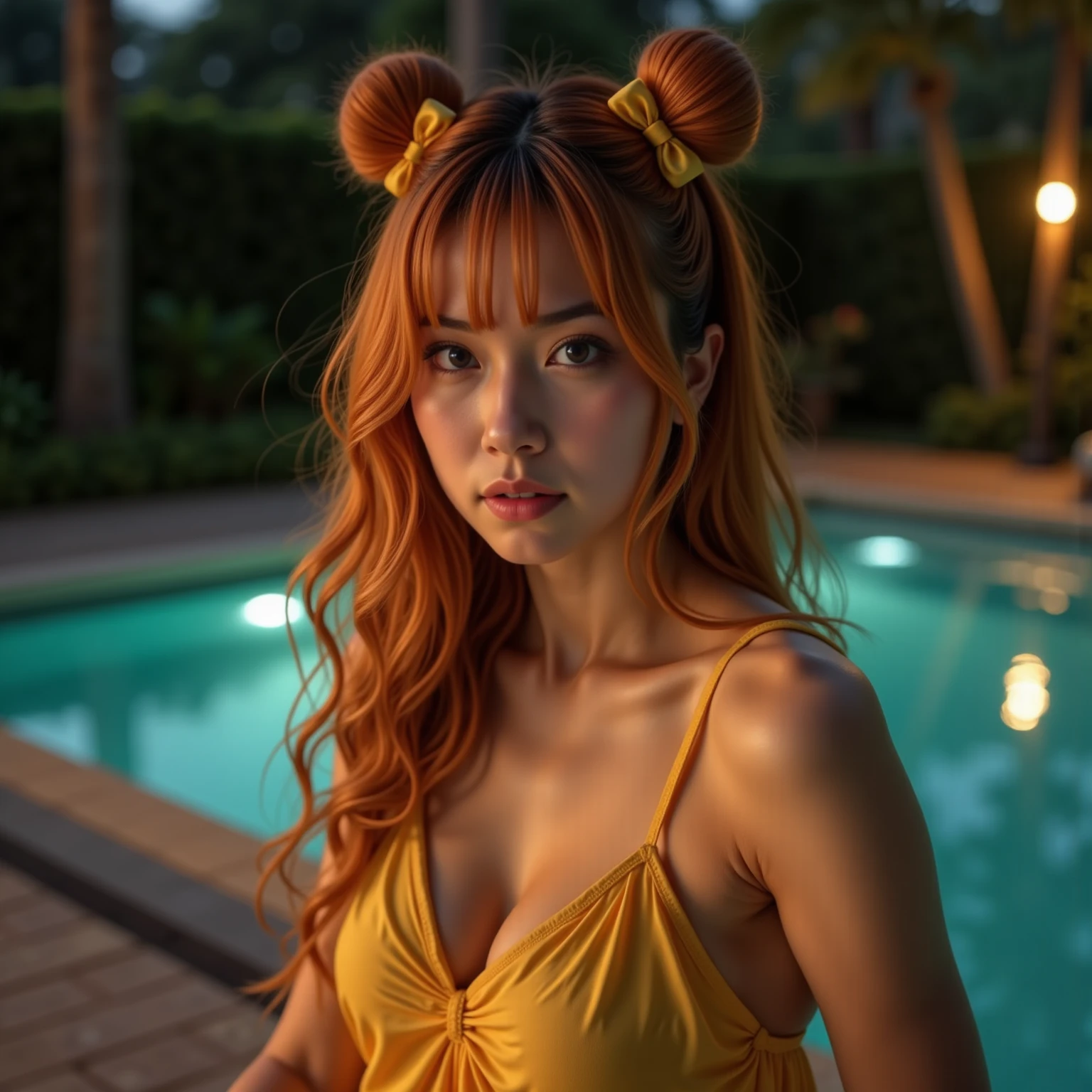 (stable_Yogis_pdxl_ Positives Photorealistic image of a woman  ( a fair-skinned Asian woman ,  She has long light orange hair with short fringe tied in a loose bun cascading down her shoulders,  adorned with two beautiful bows that match her outfit ). score_9, score_8_up , score_7_up, score_6_up, score_5_up, score_4_up, break, RAW. clear image, sharp focus,  lighting , luminous and discreet , dramatic,  ultra photorealistic , 35mm Photography,  camera angle ,  the guy is a sexy and naughty young woman with wide hips and big thighs between her thighs , flat belly,  narrow waist and low body fat  ). she is.... Em Uma sacada com vista para um ampla piscina com um gramado em volta em seu  de 'noite' com  lighting  noturna ela esta vestindo um pijama de moletom com touca do Pikachu 