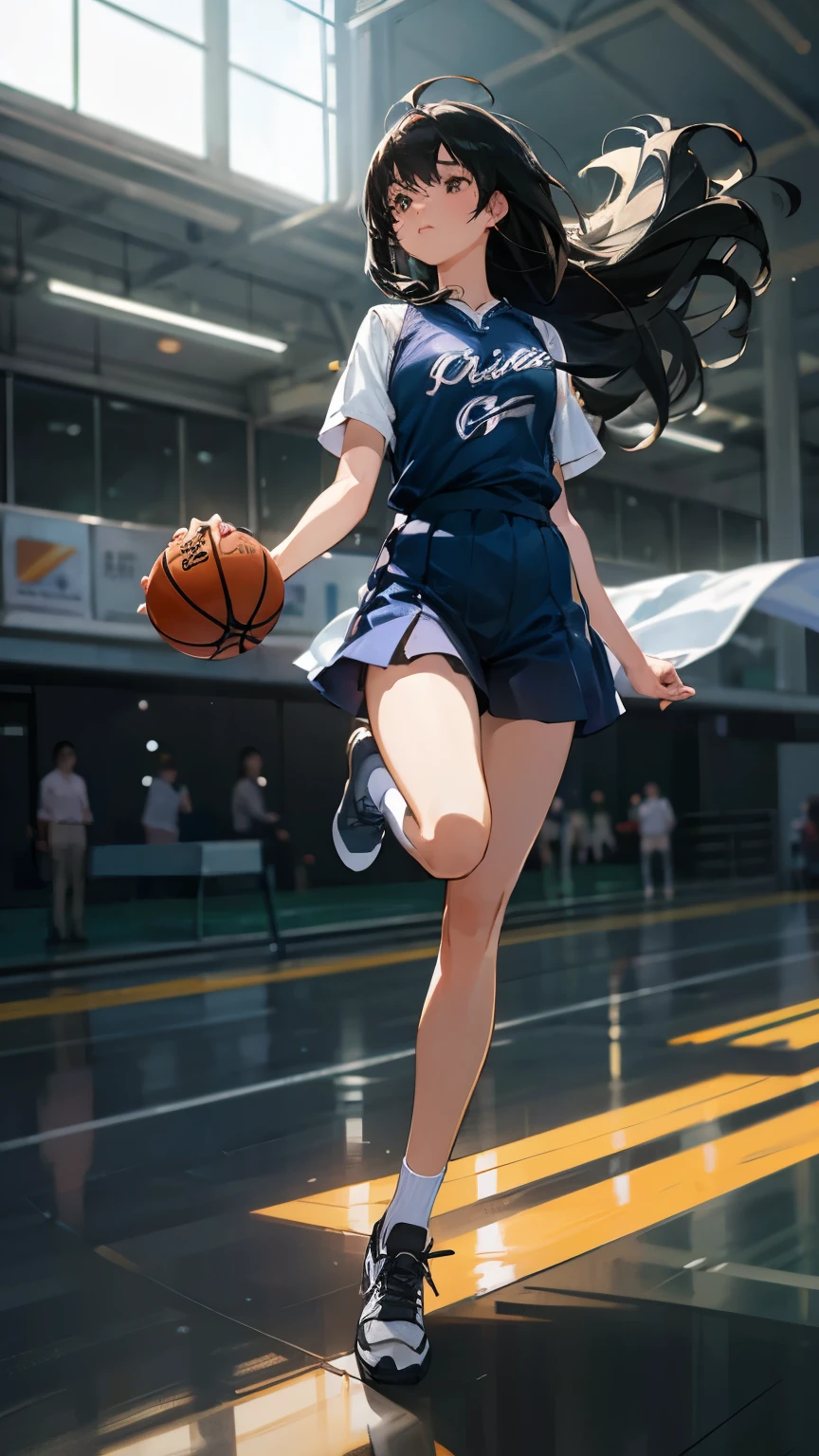 (8k,  top quality,   Masterpiece  :1.2), ( realistic , photo- realistic :1.37),  ultra detail, top quality,   ultra high resolution ,   Professional Lighting ,  photon mapping,  radiosity,  Physically Based Rendering,  cinematic lights,  basketball court , depth of writing,  sharp concentration,Sunbeam, Good composition,(Bokeh:1.2)  1 girl ,Alone,(whole body), ( closed mouth ),Beautiful detailed eyes ,  pose,  Thin Waist,  basketball uniform ,  black hair, messy hair , long hair swaying in the wind ,(ulzzang-6500:1.2),   mix 4,  hello 