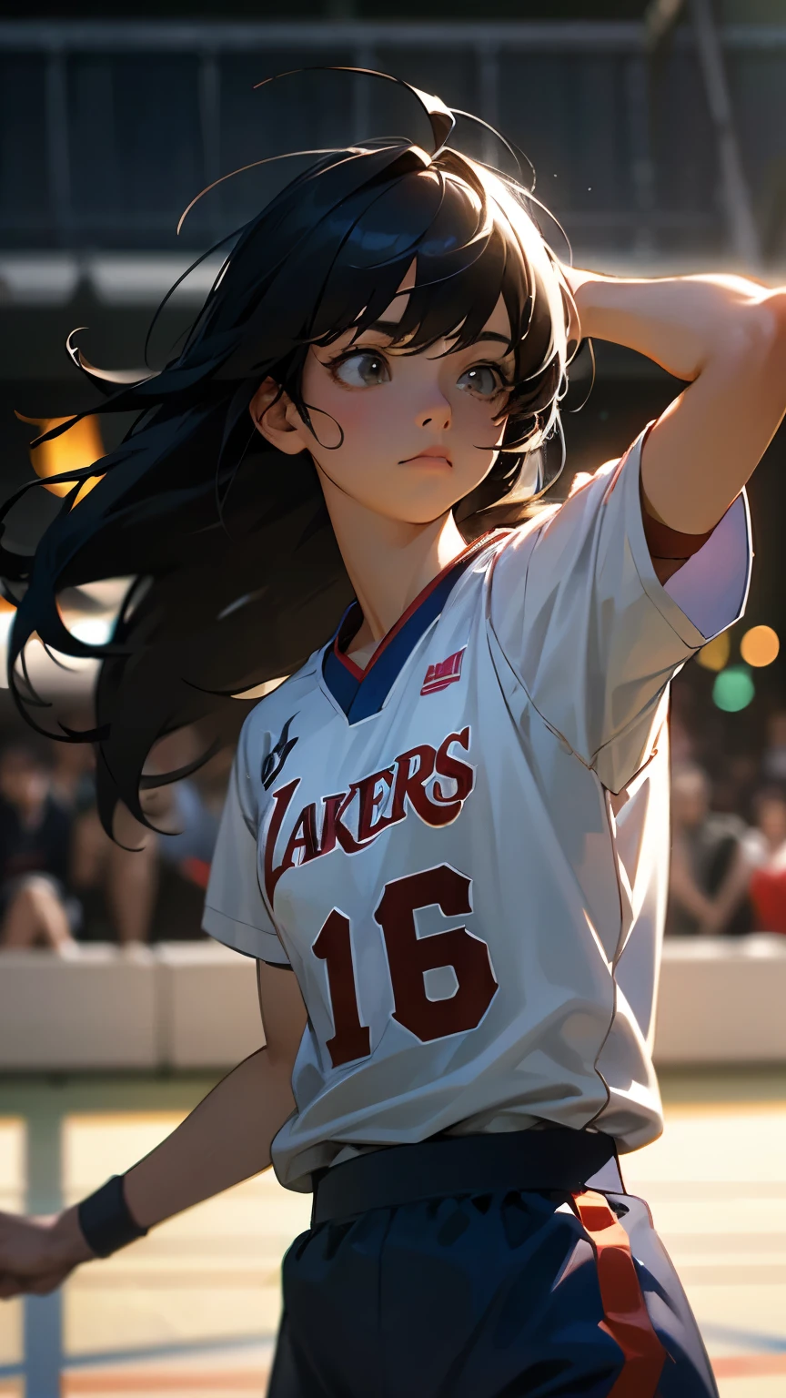 (8k,  top quality,   Masterpiece  :1.2), ( realistic , photo- realistic :1.37),  ultra detail, top quality,   ultra high resolution ,   Professional Lighting ,  photon mapping,  radiosity,  Physically Based Rendering,  cinematic lights,  basketball court , depth of writing,  sharp concentration,Sunbeam, Good composition,(Bokeh:1.2)  1 girl ,Alone,(whole body), ( closed mouth ),Beautiful detailed eyes ,  pose,  Thin Waist,  basketball uniform ,  black hair, messy hair , long hair swaying in the wind ,(ulzzang-6500:1.2),   mix 4,  hello 