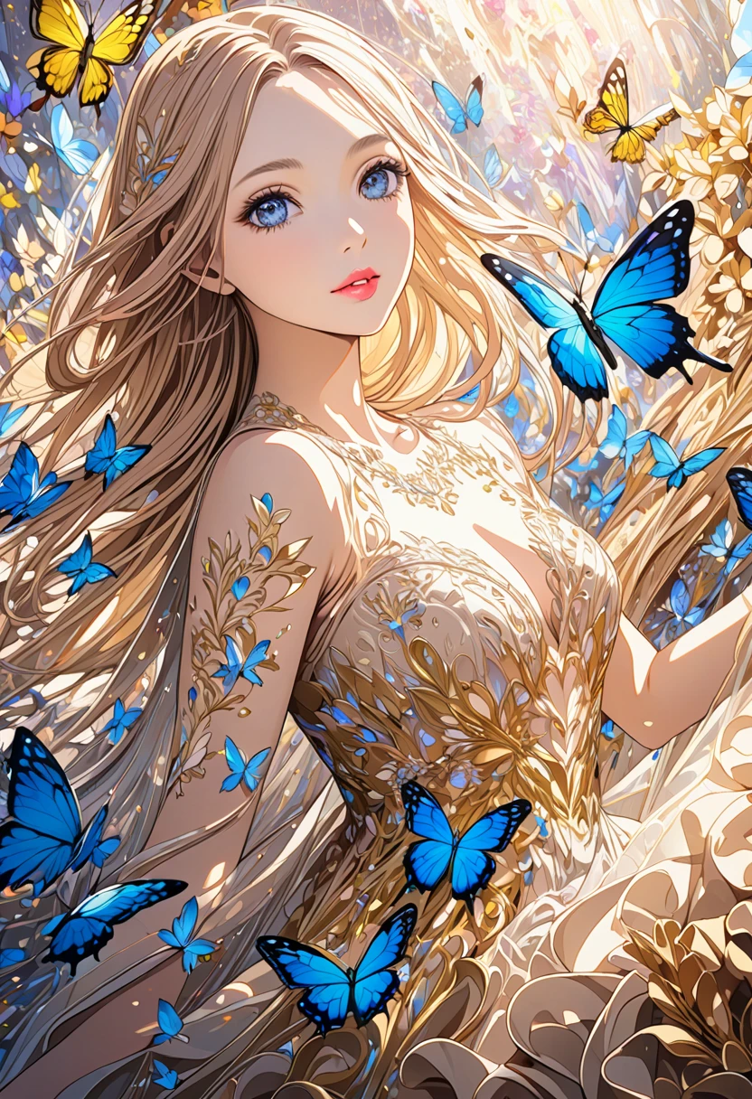  ( best quality ,  high image quality,  high definition , 8k),  Wears a Beige Thread Flowing Skirt , Anatomically perfect,  Very Attractive Pretty Girl ,  Exquisite Narrow Eyes ,  pink lips,  Her Beige Hair Flows in the Wind , Blue Butterflies and Yellow Butterflies , Lots of Petals ,   Swirling Around the Girl 、 Very Very Fantastic ,  Extraordinary Glitter ,  Glitter Art Decor, Soft Rich Level ,  Vivid Tones ,  Visually Beautiful Composition , Best Light ,  Shading Error ,  Complicated Ultra Detailed Art Pen , pentel illustration art, 
