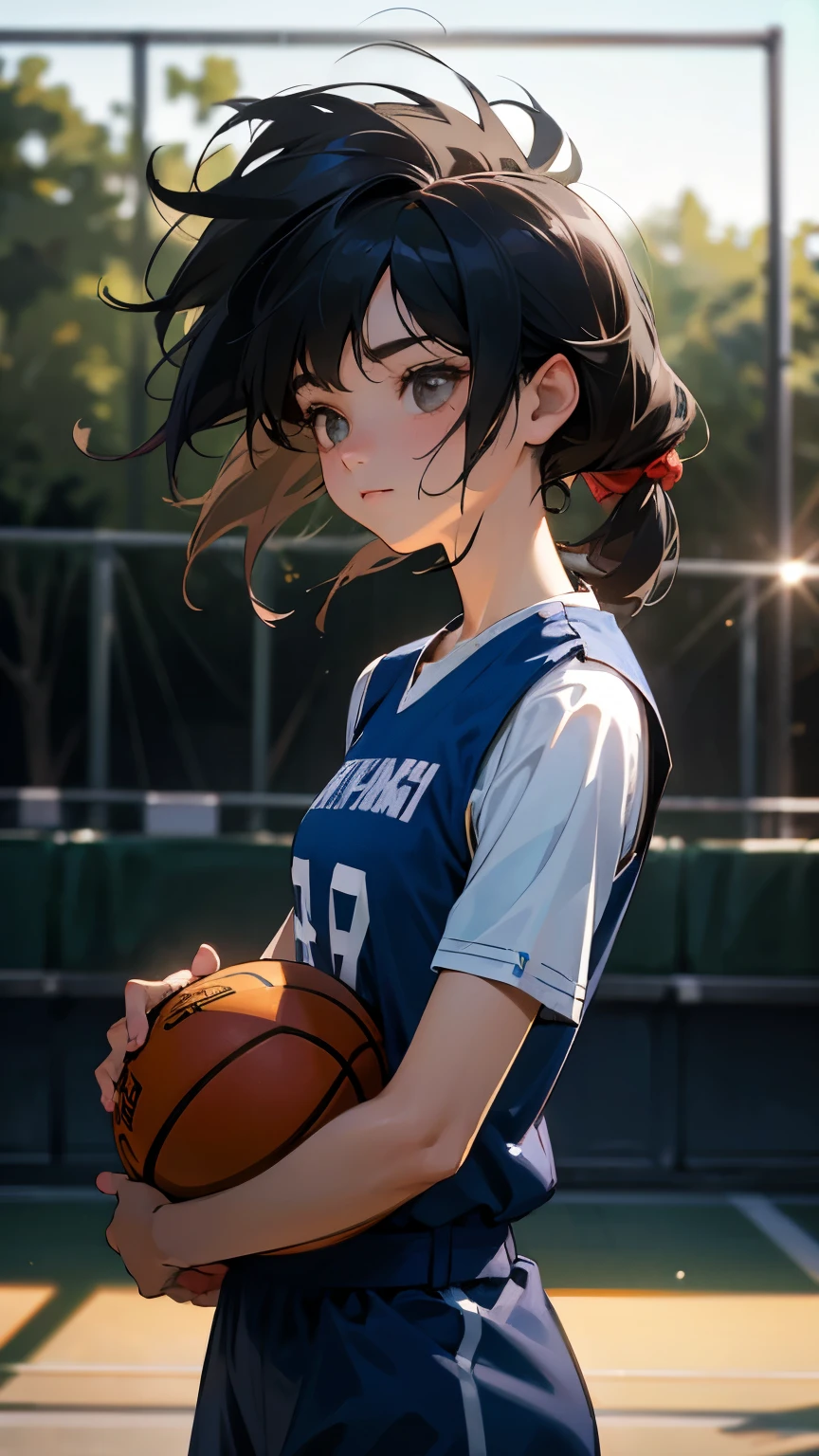 (8k,  top quality,   Masterpiece  :1.2), ( realistic , photo- realistic :1.37),  ultra detail, top quality,   ultra high resolution ,   Professional Lighting ,  photon mapping,  radiosity,  Physically Based Rendering,  cinematic lights,  basketball court , depth of writing,  sharp concentration,Sunbeam, Good composition,(Bokeh:1.2)  1 girl ,Alone,(whole body), ( closed mouth ),Beautiful detailed eyes ,  pose,  Thin Waist,  basketball uniform ,  black hair, messy hair , long hair swaying in the wind ,(ulzzang-6500:1.2),   mix 4,  hello 