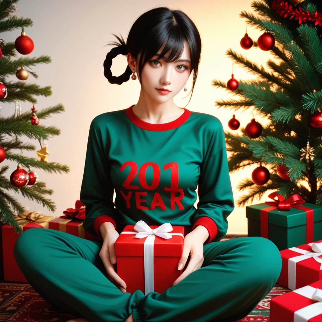 20 year old girl, short black hair, sitting in front of Christmas tree opening presents, wearing red and green pajamas, wearing a red half shirt.