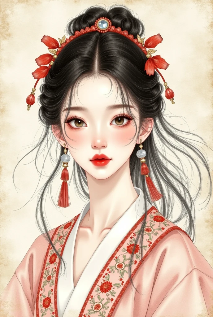  colored pencil sketch，Fine-brush Painting，Chinese ancient style，Beautiful girl portrait， fine hair， long hair，fluffy flowing hair，flowing headband，Hanfu，stone earring， red，Juan paper 