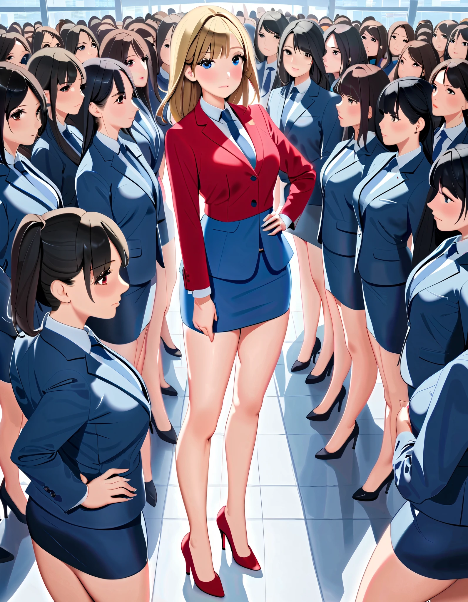Masterpiece, best quality, high res, 8k, solo, solo focus, 1 girl, blue skirt suit, pencil skirt, miniskirt (bare legs: 1.4), red high heels, hands on hip, surrounded by females in similar clothes.