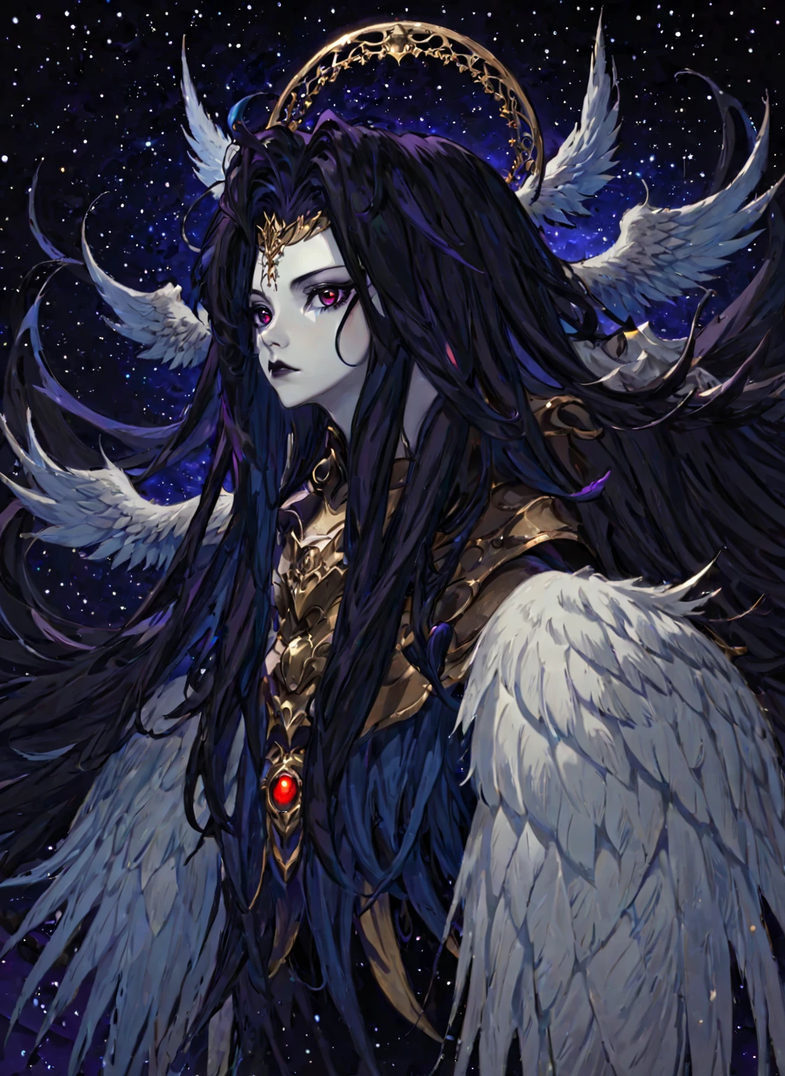 1girl,  solo,  armor,  male focus,  black hair,  black lips,  blue skin,  endsinger,  fantasy,  head wings,  long hair,  looking at viewer,  night,  night sky,  orb,  pale skin, Dark purple accents, pointy ears, Red eyes,  wings, 