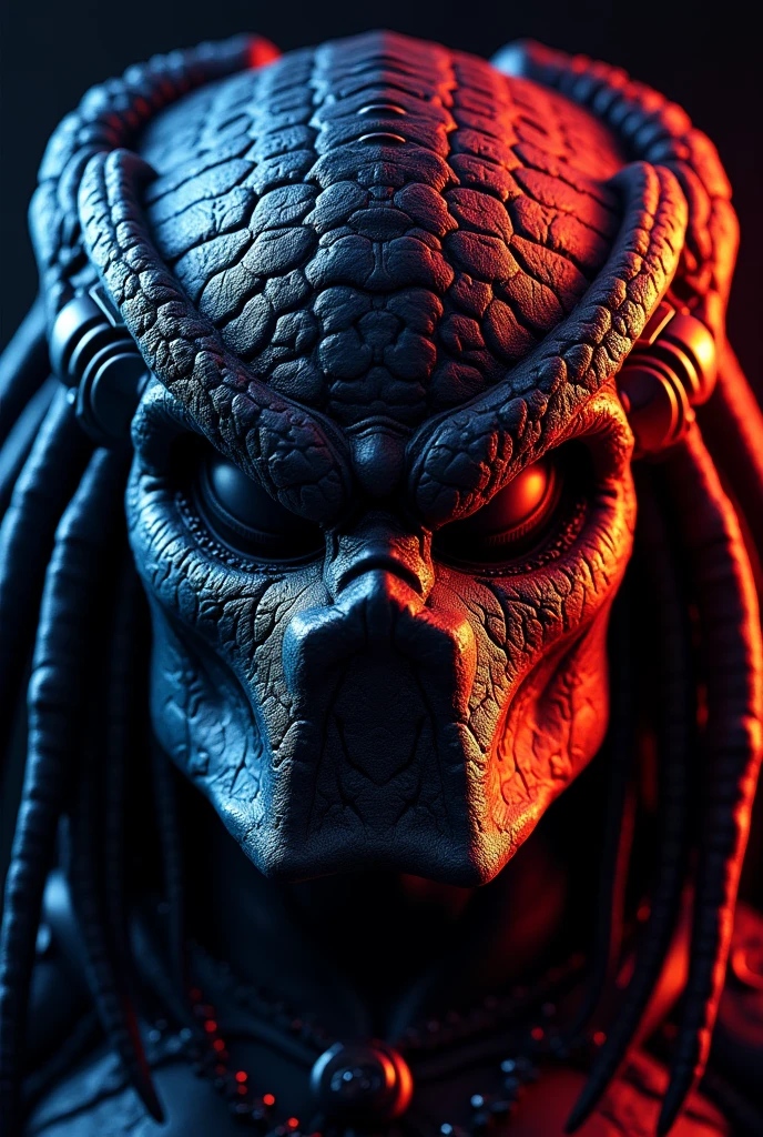 hyper-réaliste (RAW), faible lumière d'une bougie dans l'obscurité, visage de [Predator ] mutant féroce émergeant dans la lumière de la bougie, fond noir, style de Zdzisław Beksiński, textures naturelles ultra uniques, légères imperfections