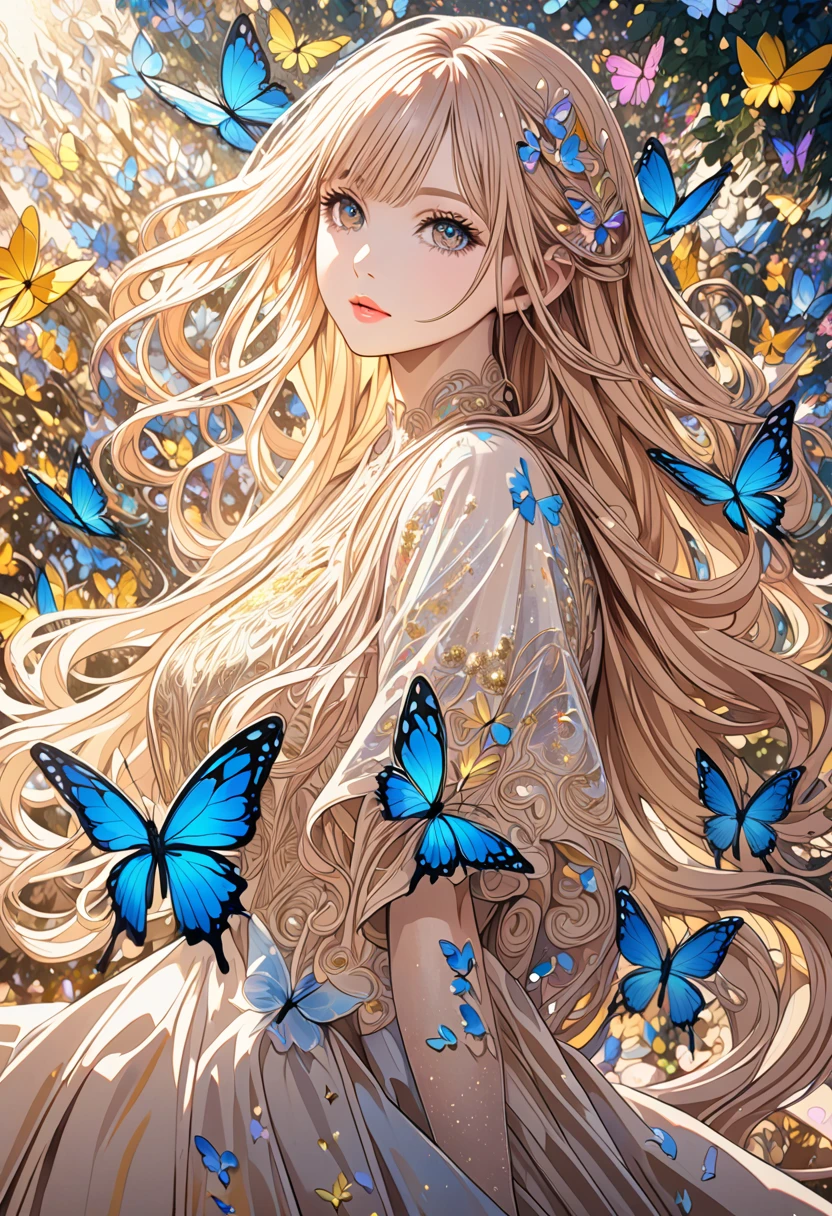  ( best quality ,  high image quality,  high definition , 8k),  Wears a Beige Thread Flowing Skirt , Anatomically perfect,  Very Attractive Pretty Girl ,  Exquisite Narrow Eyes ,  pink lips,  Her Beige Hair Flows in the Wind , Blue Butterflies and Yellow Butterflies , Lots of Petals ,   Swirling Around the Girl 、 Very Very Fantastic ,  Extraordinary Glitter ,  Glitter Art Decor, Soft Rich Level ,  Vivid Tones ,  Visually Beautiful Composition , Best Light ,  Shading Error ,  Complicated Ultra Detailed Art Pen , pentel illustration art, 
