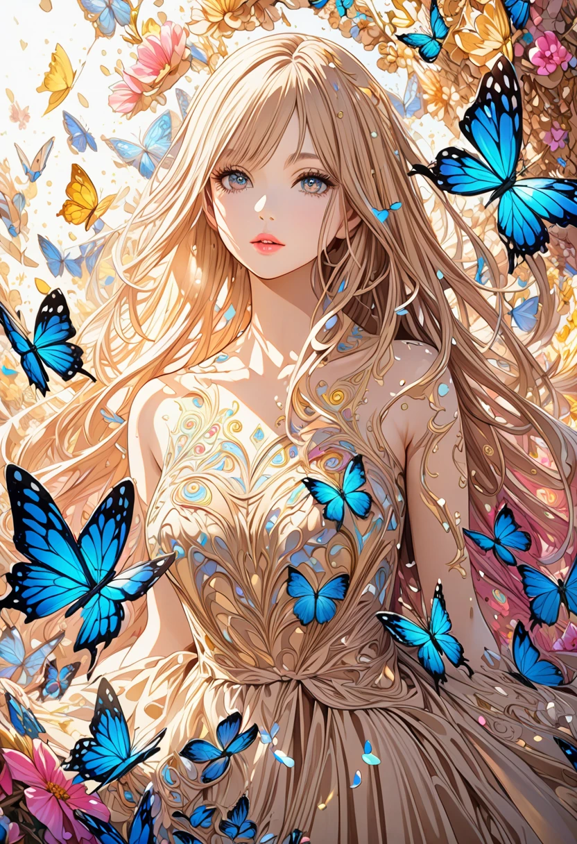  ( best quality ,  high image quality,  high definition , 8k),  Wears a Beige Thread Flowing Skirt , Anatomically perfect,  Very Attractive Pretty Girl ,  Exquisite Narrow Eyes ,  pink lips,  Her Beige Hair Flows in the Wind , Blue Butterflies and Yellow Butterflies , Lots of Petals ,   Swirling Around the Girl 、 Very Very Fantastic ,  Extraordinary Glitter ,  Glitter Art Decor, Soft Rich Level ,  Vivid Tones ,  Visually Beautiful Composition , Best Light ,  Shading Error ,  Complicated Ultra Detailed Art Pen , pentel illustration art, 
