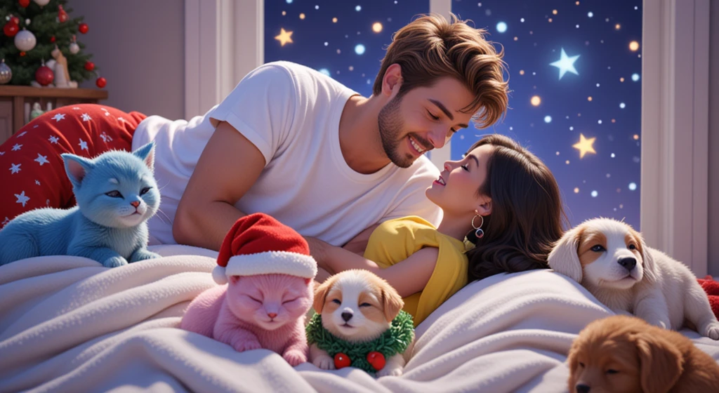 A cozy and magical scene inspired by Disney Pixar films, posters and 3D characters, in high resolution and quality. a couple of two  ren, lying, and certainly sleeping, hugging each other affectionately, on a plush white rug. The boy has very light brown hair that is curly on top and short on the sides, his skin is tanned from the sun, he is handsome and charming, he wears a white t-shirt without prints and red pajama pants with a Christmas theme and white socks, and the girl She is wearing a white t-shirt without prints and very short green shorts and red Christmas socks, she is sensual, daring, sassy, ​​she wears a colorful feather earring in her ear, she has black, straight and long hair down to her waist, Brazilian Indian, very light brown skin. Both wear white t-shirts and sweatshirts, the red boy and the green girl wear white socks decorated with Christmas themes. They are hugging each other, with serene expressions and closed eyes. Around, on the same rug, four sleeping puppies with their eyes closed, all wearing Christmas clothes: a blue kitten, a yellow kitten wearing a red and white Christmas hat with a bell, a pink kitten with a Christmas wreath, and a white Lhasa Apso puppy with caramel spots on its eyes and paws. In the background, an immense window reveals a magical starry night, with a larger, brighter star illuminating the environment. The scene is fully decorated in the Christmas 