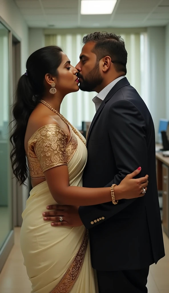 A 20 year old plus sized South Indian bride kissing and hugging a 70 year old groom, the crowd is cheering , full body image
