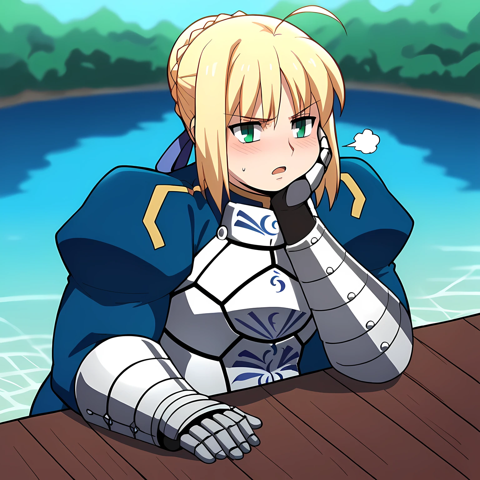 score_9, score_8_up, score_7_up, source_anime, artoria pendragon, artoria pendragon (fate), saber, long hair, blonde hair, green eyes, ponytail, ahoge, medium breasts,, dress, ribbon, armor, gauntlets, armored dress, blue dress, island, water, tropical, trees, isolation, , sitting, head rest, table,, looking at viewer, solo,, dutch angle, cowboy shot swollen face, fat, chubby, obese, open mouth, out of breath, absurdres, highres icon, rating:General, confused, blush, {flustered}, nervous sweating, portrait, pov hands, hand on another's cheek, averting eyes, [looking away], straight-on, from above,  upper body, masterpiece, best quality, ultra-detailed, high resolution, 8K, 