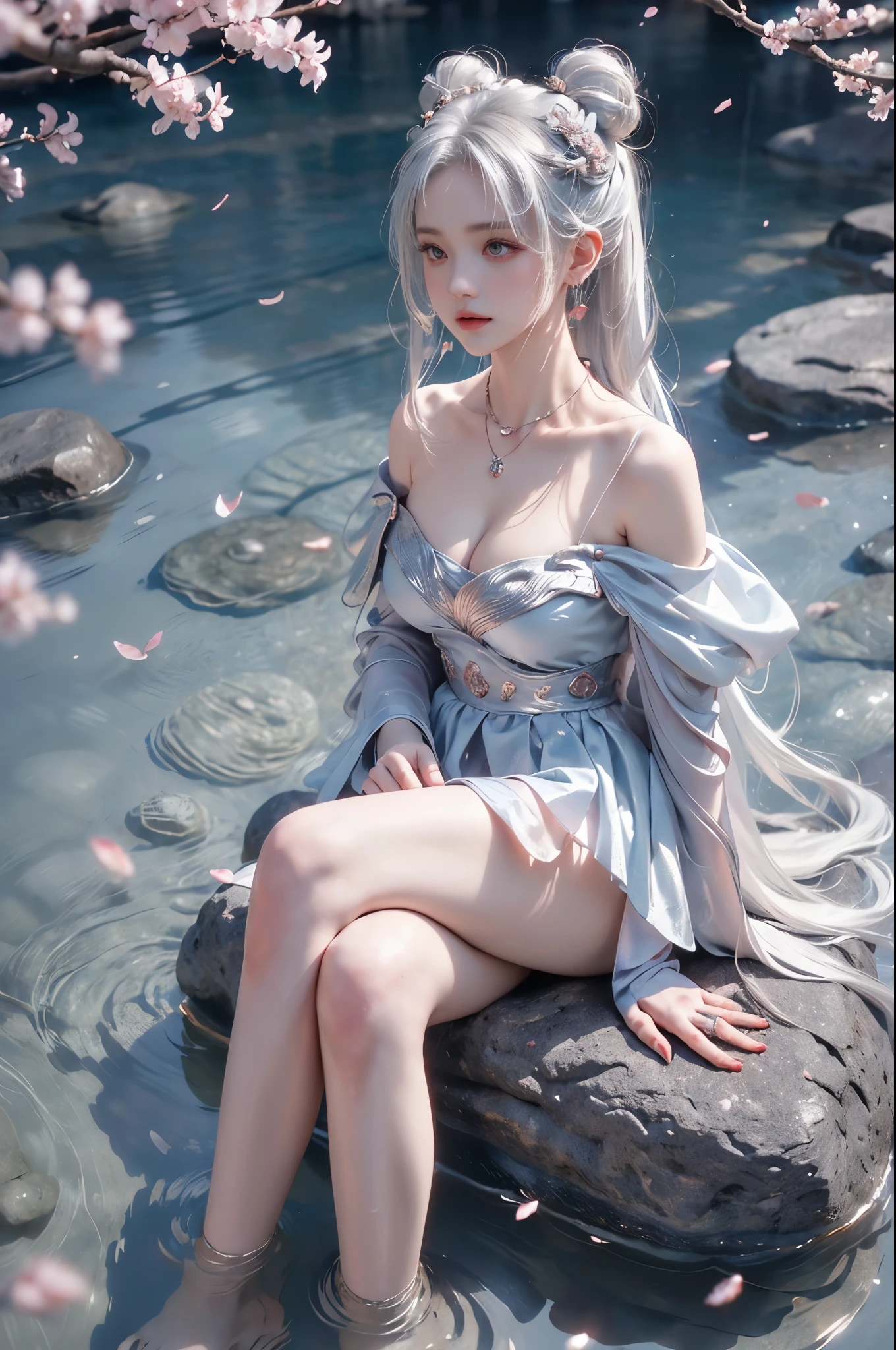 1girl,silver hair,off shoulder,red eyes,long hair,double bun,hair ornament,necklace, ((photorealistic)), ((masterpiece)), (ultra-detailed), (high quality), beautiful young woman, (Full breasts, visible cleavage), (Very short hemline, revealing smooth thighs), (Correct and beautiful leg shape), perfect facial features, flawless skin, flowing long hair, slim figure, (sitting on a large rock in a river:1.3), (feet dangling in clear flowing water:1.2), (one hand elegantly running through her hair:1.2), (scattered cherry blossom petals:1.3), (floating petals in the air:1.2), (petals on water surface:1.2), soft natural lighting, shallow depth of field, gentle water ripples, cinematic lighting, professional photography, 85mm lens, F2.8, bokeh