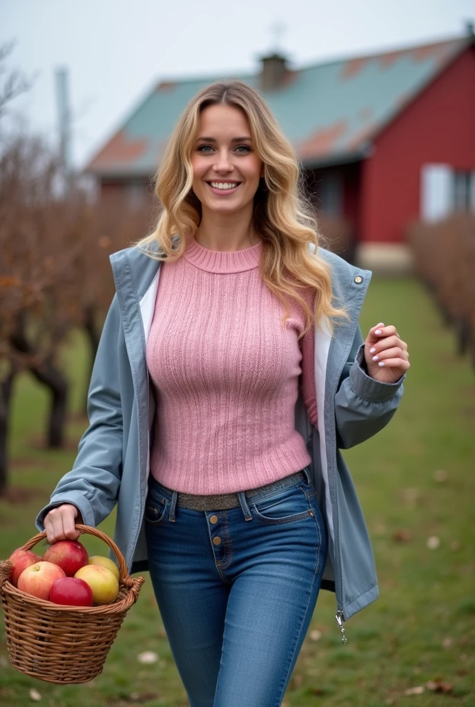 September - Apple Orchard Harvest Festival

In this September calendar scene, the portrait of 1woman blond LaGermania happy curious deductive smiling captures the festivity of an apple orchard harvest festival. She walks among laden apple trees and festival stalls, dressed in a cozy sweater and jeans in shades of apple red and autumn brown. The sweater is adorned with cable knit patterns and elbow patches, reflecting the warmth and rustic charm of autumn orchard attire. LaGermania's blonde hair is styled in a side braid, adorned with a knitted headband and apple-stained fingers that pluck ripe fruit. Around her, children play games with apples and musicians serenade visitors with folk tunes, creating a lively backdrop against the bustling orchard festival. The scene features bushels overflowing with apples and a cider press in full operation, evoking the joyous atmosphere of fall harvest celebrations. LaGermania's posture exudes excitement, one hand holding an apple while the other gestures towards festival activities. Her expression is filled with merriment and enthusiasm, a seductive smile hinting at the festive spirit. This scene captures the essence of apple orchard festivities and seasonal abundance, with every detail from the cozy sweater to the ripe apples meticulously described.