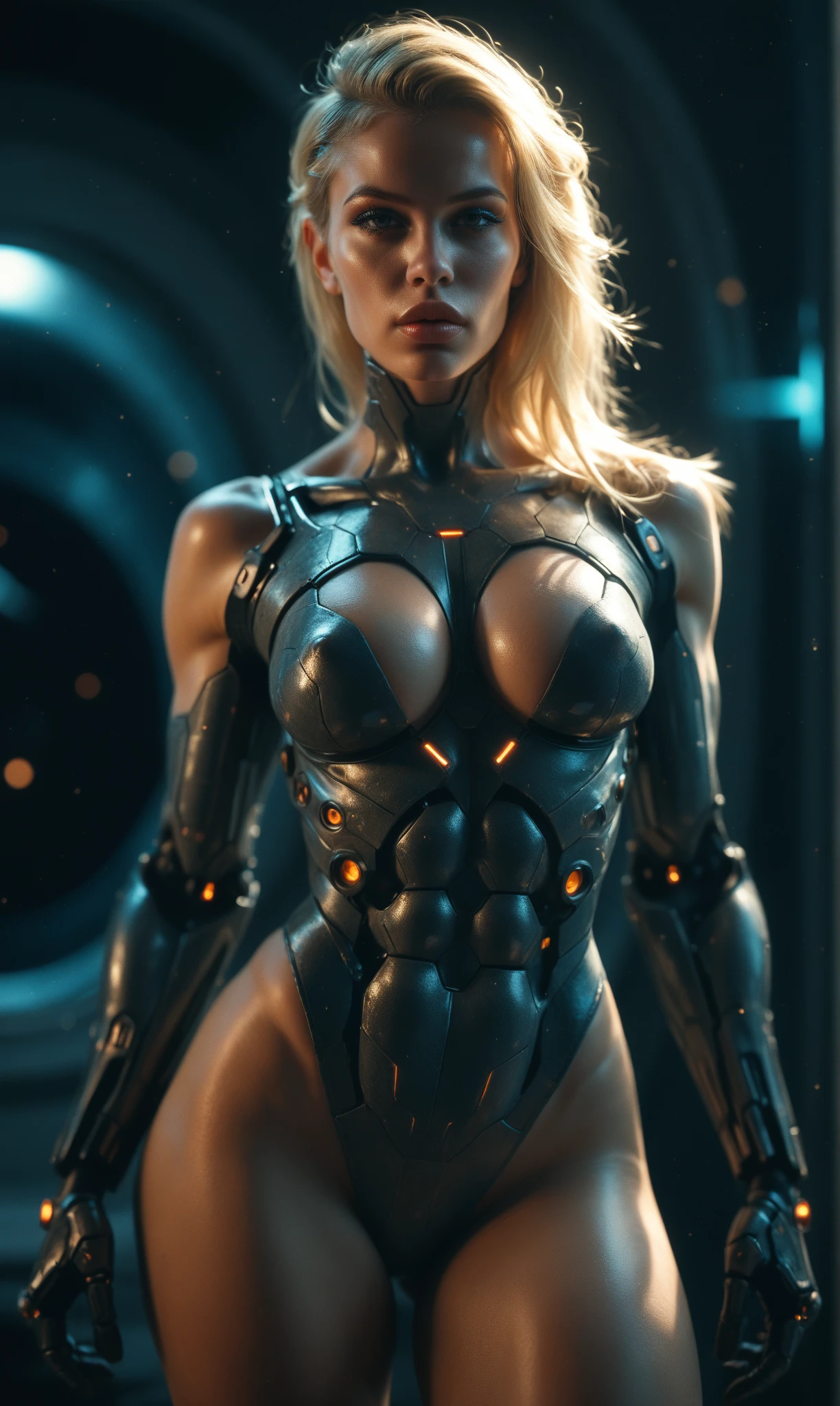 1 woman,big boobs,mecha armor,leg pants,blonde hair,ponytail hair,big blue eyes,serious face,muscle body-ABS: 1.4,curvl body,full body view,UHD,((masterpiece)),((best quality)),cinematic ligth,sweaty body,pale skin,CGI,VFX,unreal engine,high details,high quality,epic realism,professional photo,cibernetic background,bokeh,sharp focus,FXAA,TXAA,galaxy ligths effects,ant-aliasing,high shadow effect,brigthness((fujifilm xt3)),70mm lenses shot