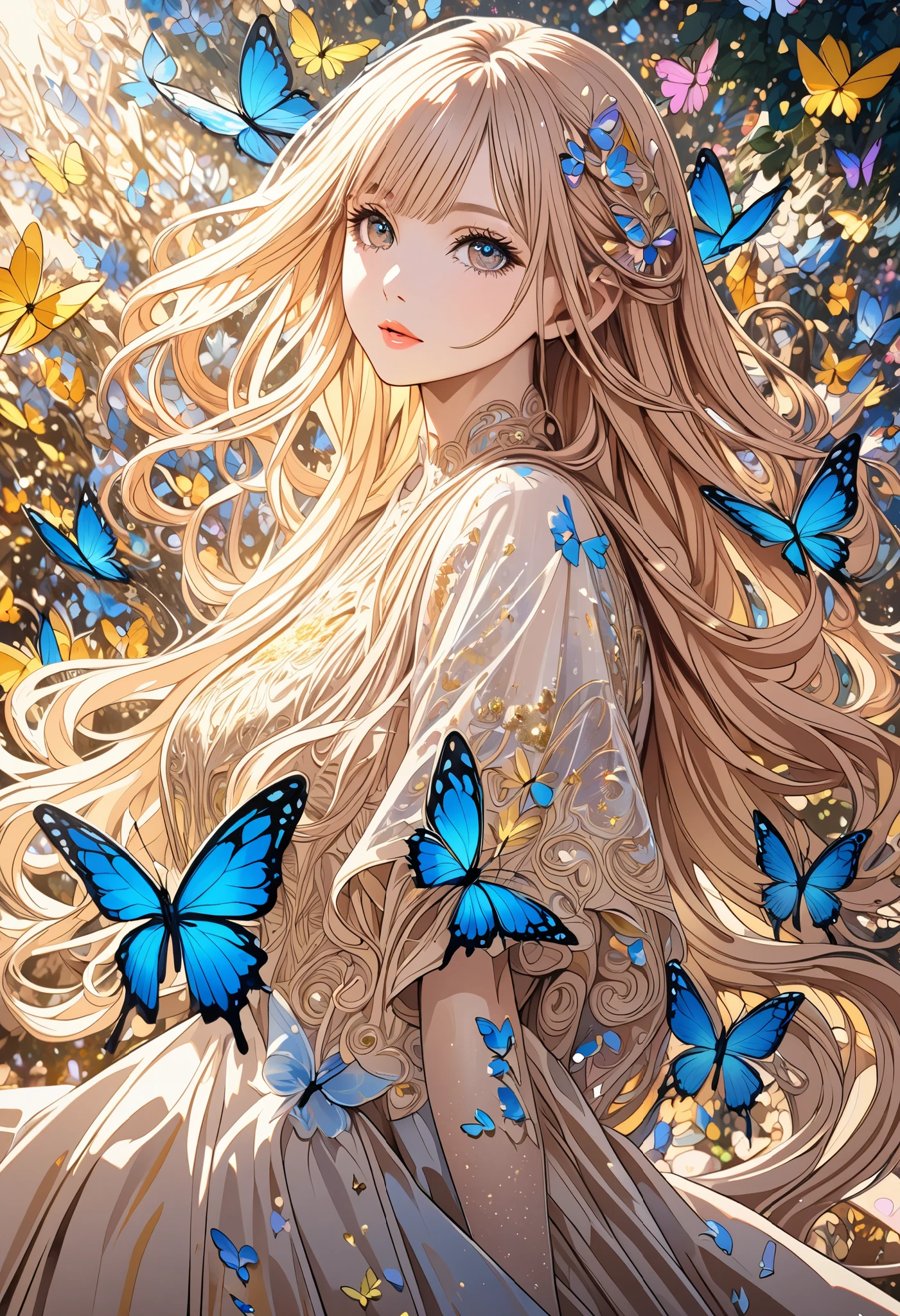  ( best quality ,  high image quality,  high definition , 8k),  Wears a Beige Thread Flowing Skirt , Anatomically perfect,  Very Attractive Pretty Girl ,  Exquisite Narrow Eyes ,  pink lips,  Her Beige Hair Flows in the Wind , Blue Butterflies and Yellow Butterflies , Lots of Petals ,   Swirling Around the Girl 、 Very Very Fantastic ,  Extraordinary Glitter ,  Glitter Art Decor, Soft Rich Level ,  Vivid Tones ,  Visually Beautiful Composition , Best Light ,  Shading Error ,  Complicated Ultra Detailed Art Pen , pentel illustration art, 
