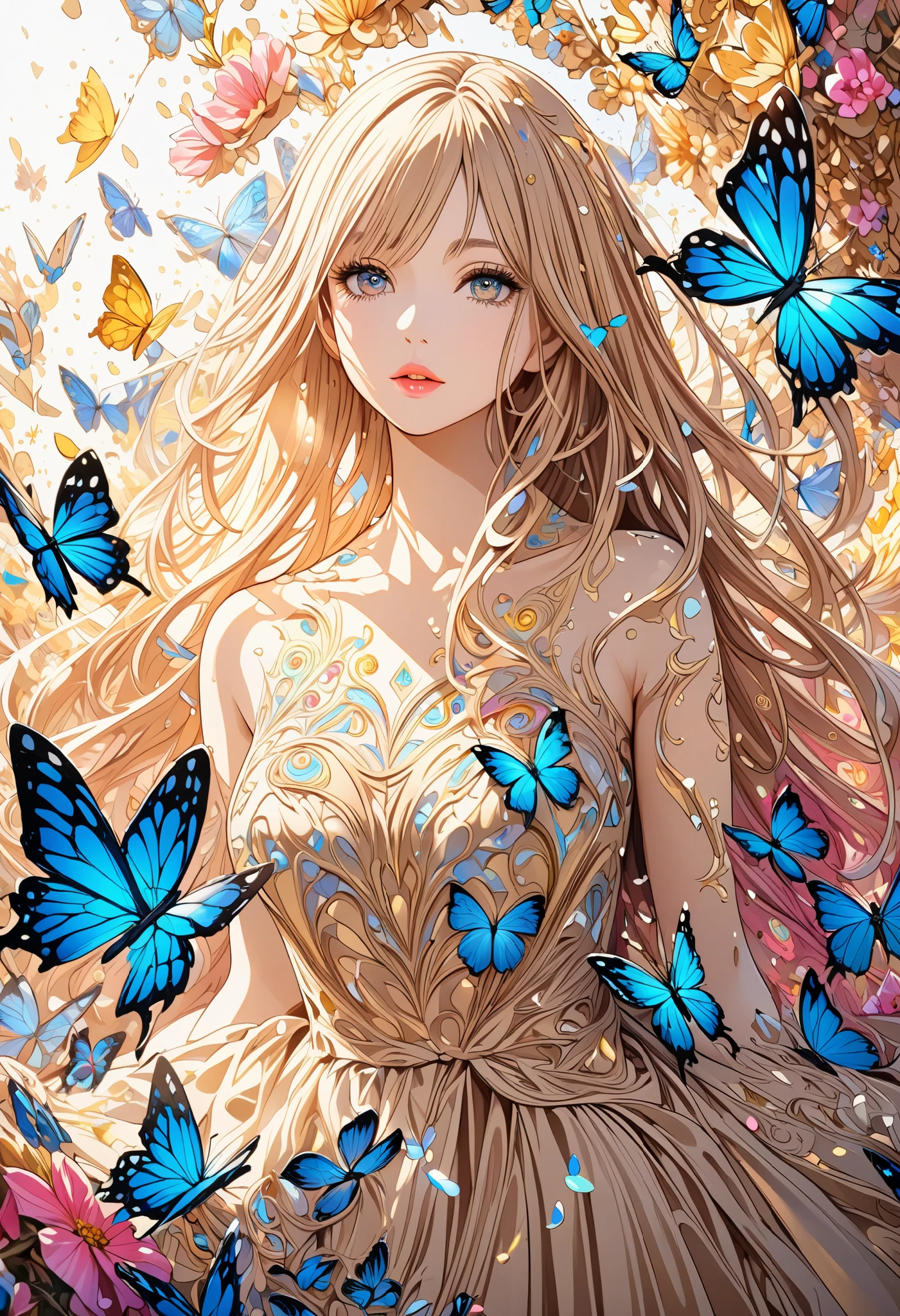  ( best quality ,  high image quality,  high definition , 8k),  Wears a Beige Thread Flowing Skirt , Anatomically perfect,  Very Attractive Pretty Girl ,  Exquisite Narrow Eyes ,  pink lips,  Her Beige Hair Flows in the Wind , Blue Butterflies and Yellow Butterflies , Lots of Petals ,   Swirling Around the Girl 、 Very Very Fantastic ,  Extraordinary Glitter ,  Glitter Art Decor, Soft Rich Level ,  Vivid Tones ,  Visually Beautiful Composition , Best Light ,  Shading Error ,  Complicated Ultra Detailed Art Pen , pentel illustration art, 
