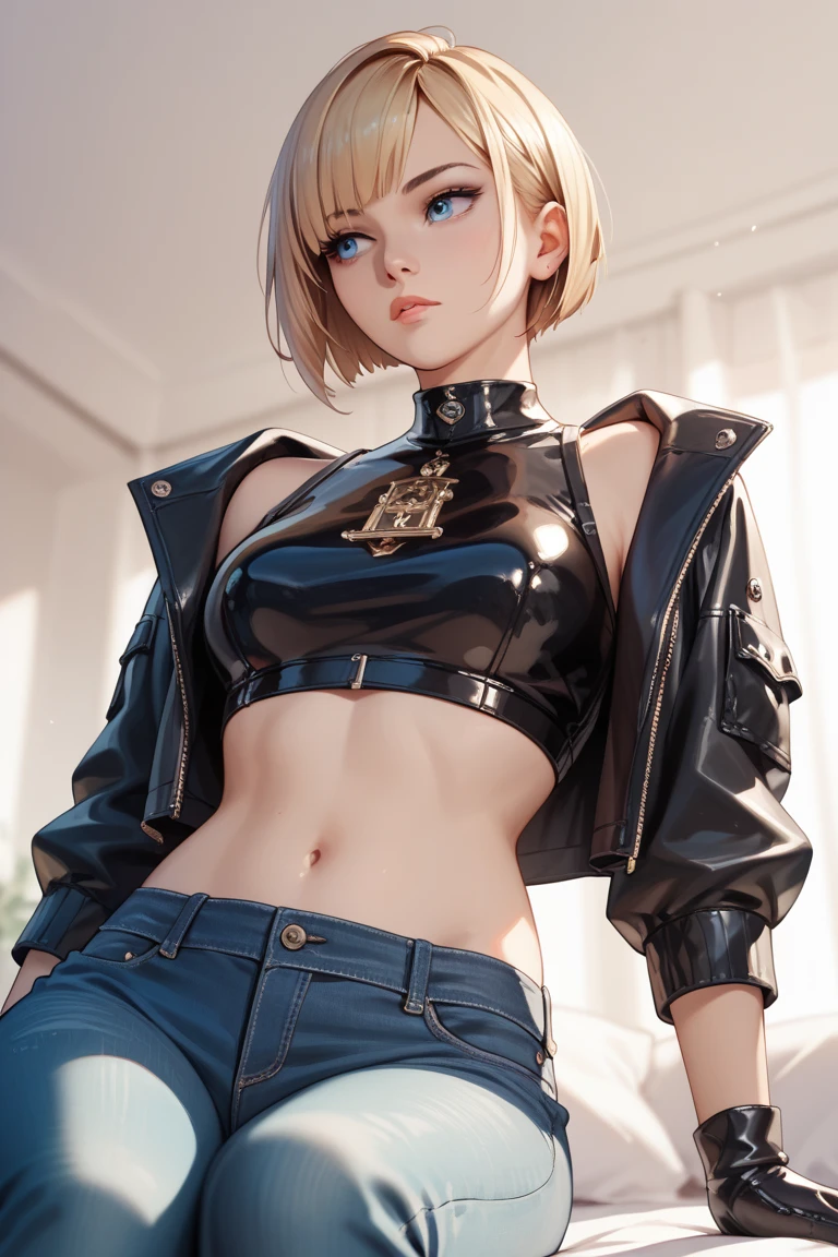 1girl, blonde hair, tomboy cut hair, choker, red lipstick, topless, completely naked, fully naked, cropped jacket,hand on hips, small breast, eyeslyner, full body scene, standing,