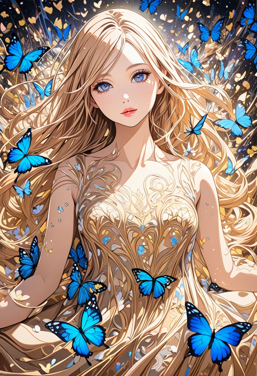  ( best quality ,  high image quality,  high definition , 8k),  Wears a Beige Thread Flowing Skirt , Anatomically perfect,  Very Attractive Pretty Girl ,  Exquisite Narrow Eyes ,  pink lips,  Her Beige Hair Flows in the Wind , Blue Butterflies and Yellow Butterflies , Lots of Petals ,   Swirling Around the Girl 、 Very Very Fantastic ,  Extraordinary Glitter ,  Glitter Art Decor, Soft Rich Level ,  Vivid Tones ,  Visually Beautiful Composition , Best Light ,  Shading Error ,  Complicated Ultra Detailed Art Pen , pentel illustration art, 
