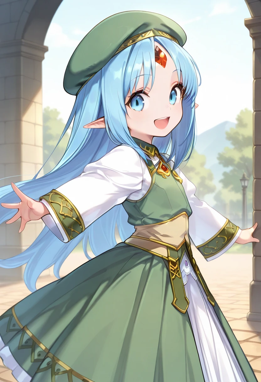 masterpiece, best quality,newest,1girl,reset_kalar_IL ,pointy ears,blue hair,long hair,sleeveless,frilled shirt,suspender skirt,beret,red gem forehead,looking at viewer.smile,open mouth,cute girl, outdoors,intown,dancing,from side,