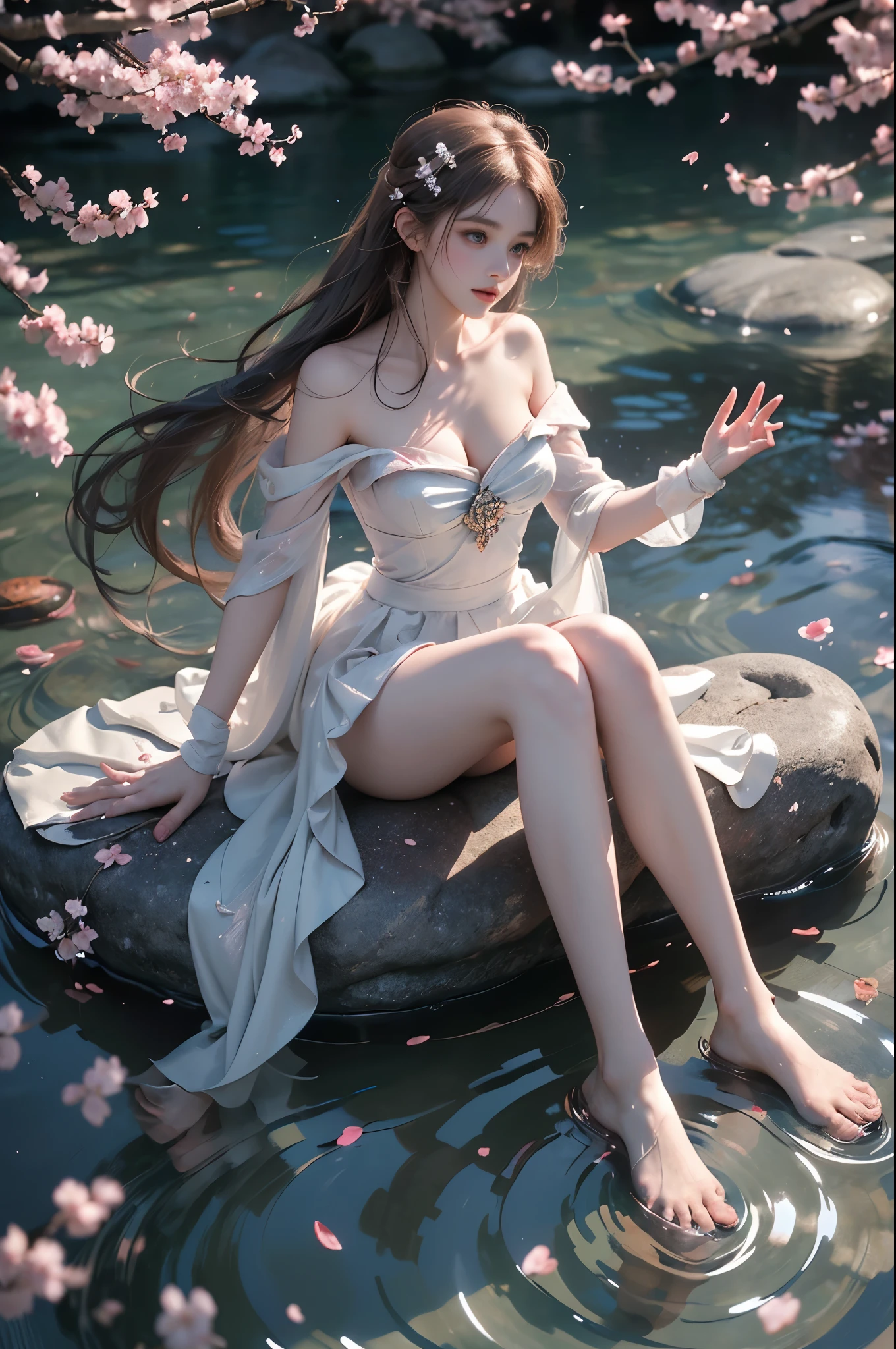 tohkacos
tohkaastral ((photorealistic)), ((masterpiece)), (ultra-detailed), (high quality), beautiful young woman, (Full breasts, visible cleavage), (Very short hemline, revealing smooth thighs), (Correct and beautiful leg shape), perfect facial features, flawless skin, flowing long hair, slim figure, (sitting on a large rock in a river:1.3), (feet dangling in clear flowing water:1.2), (one hand elegantly running through her hair:1.2), (scattered cherry blossom petals:1.3), (floating petals in the air:1.2), (petals on water surface:1.2), soft natural lighting, shallow depth of field, gentle water ripples, cinematic lighting, professional photography, 85mm lens, F2.8, bokeh