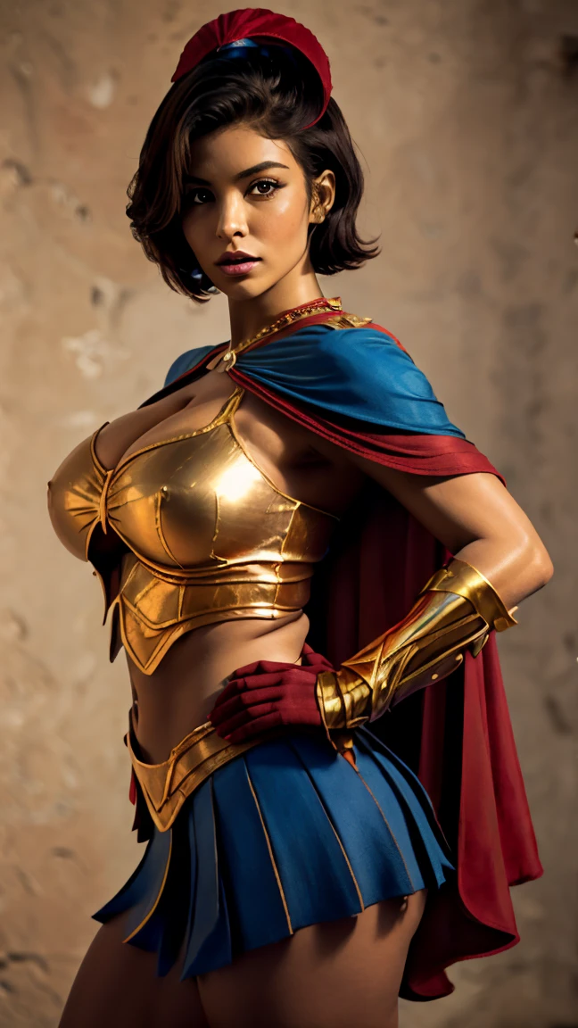 30 year old woman, blue superhero armored costume with red pleated mini skirt, short red capelet, teardrop shaped medium breasts , blue/red gauntlets, red/ blue boots, yellow trims and hems, teardrop shaped medium breasts, shoulder length right side-parted wavy bob black hair and a perfect body, thicc curvy milf body, keyhole cleavage, she has the aura of a Greek goddes