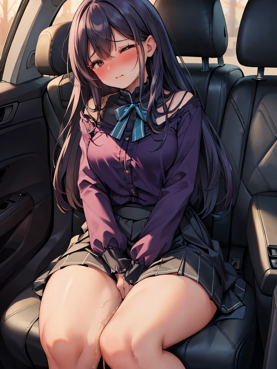 (8K, ultra-detailed, best quality, anatomically perfect body:2), (beautiful breast:1.2), shiny skin, (1 girl), (have to pee), (desperate urge to pee), (very desperate to pee), (her bladder is at its limit:1.5), (in the car, sitting very shallowly:1.6), (She wants to stand up so she lifts her hips), (fidgeting:1.5), wetting self, (blouse, maxi skirt:1.6), (pantyhose:1.3), ankle boots, panty pull, (Untidy hair:1.4), (She grip her crotch very hard:1.6), (leaning backward), (Close your thighs tightly:1.8), (shrugs:1.7), (orgasm:1.5), (full face blush:1.7), (embarrassment:1.6), (impatience:1.7), (flustered:1.5), (flowing sweat:0.7), (twist whole body:1.4), (panting), breathless, (Humiliation), (Erotic feelings), (closed eyes:0.95), (She is very arousal to hold pee), (tear), looking away, (head tilt:1.1), (parted lips:1.1), (SIGMA 105 mm F/2.8, 1/100 sec shutter, award-winning), from side, nsfw,