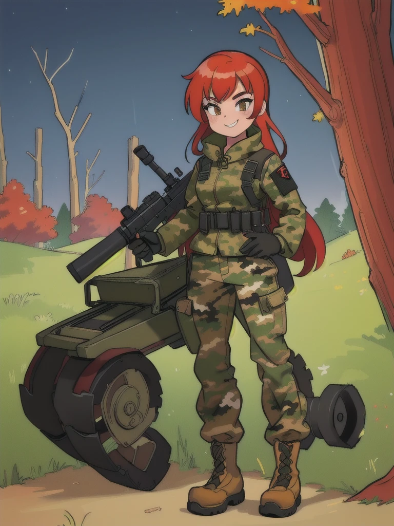 girl with smile and red hair, with a camouflage jacket, tactical gloves, camouflage balaclava, camouflage pants and army boots, standing backwards, looking, forest autumn night 