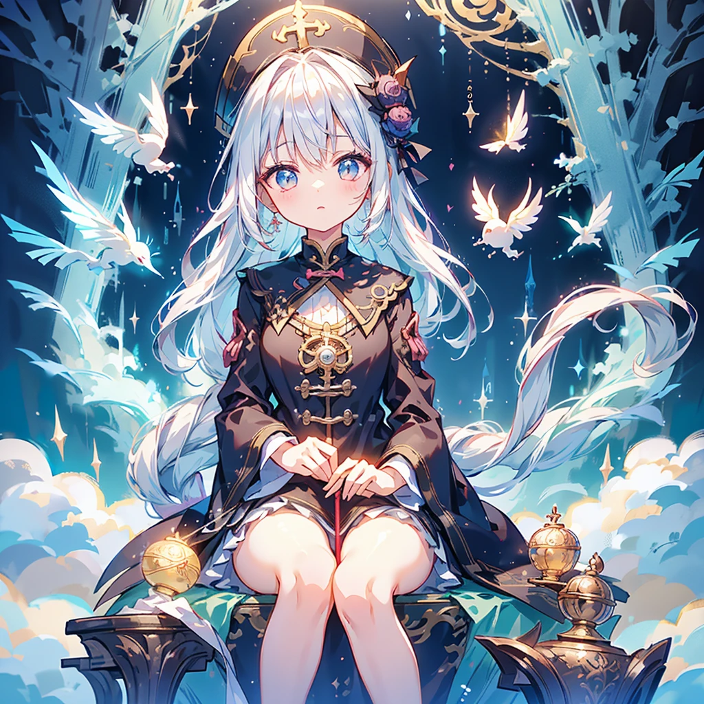 1girl, absurd、 fantasy standing in a church、 Pure White Hair 、The World of Magical Girls、( surprisingly wacky )),(masterpiece:1.2),超 high definition ,  Attention to Details ,  High Quality ,  high definition , 最 High Quality ,  4K, 8k,break, shorthair、 long sidebar、Gray Hair、 wizard 、((Sitting on a cane))、(( flying)), -old te、Black Witch Outfit 、 small silk hat 、🎩、magic circle、