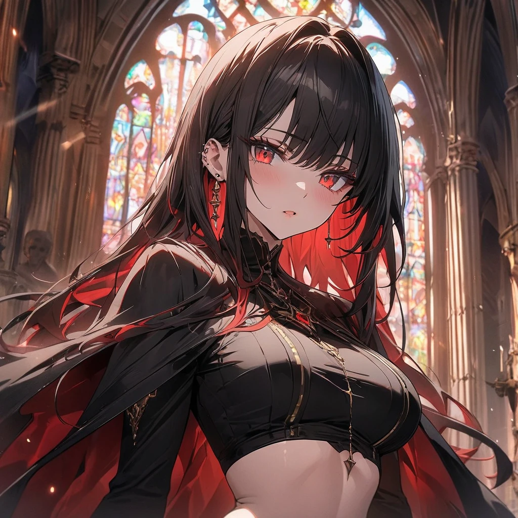 (Woman: 2), standing outside massive gothic cathedral, raining, dark stormy night, wearing ornate male catholic priest robes, robes open, booty shorts, crop top, under boob cleavage, holding rosary, rosary burning her hand, smoke coming off hand, mouth open in a painful scream, vampire fangs, look of pain and regret on face, cross burns skin, skin smoking, crying blood,