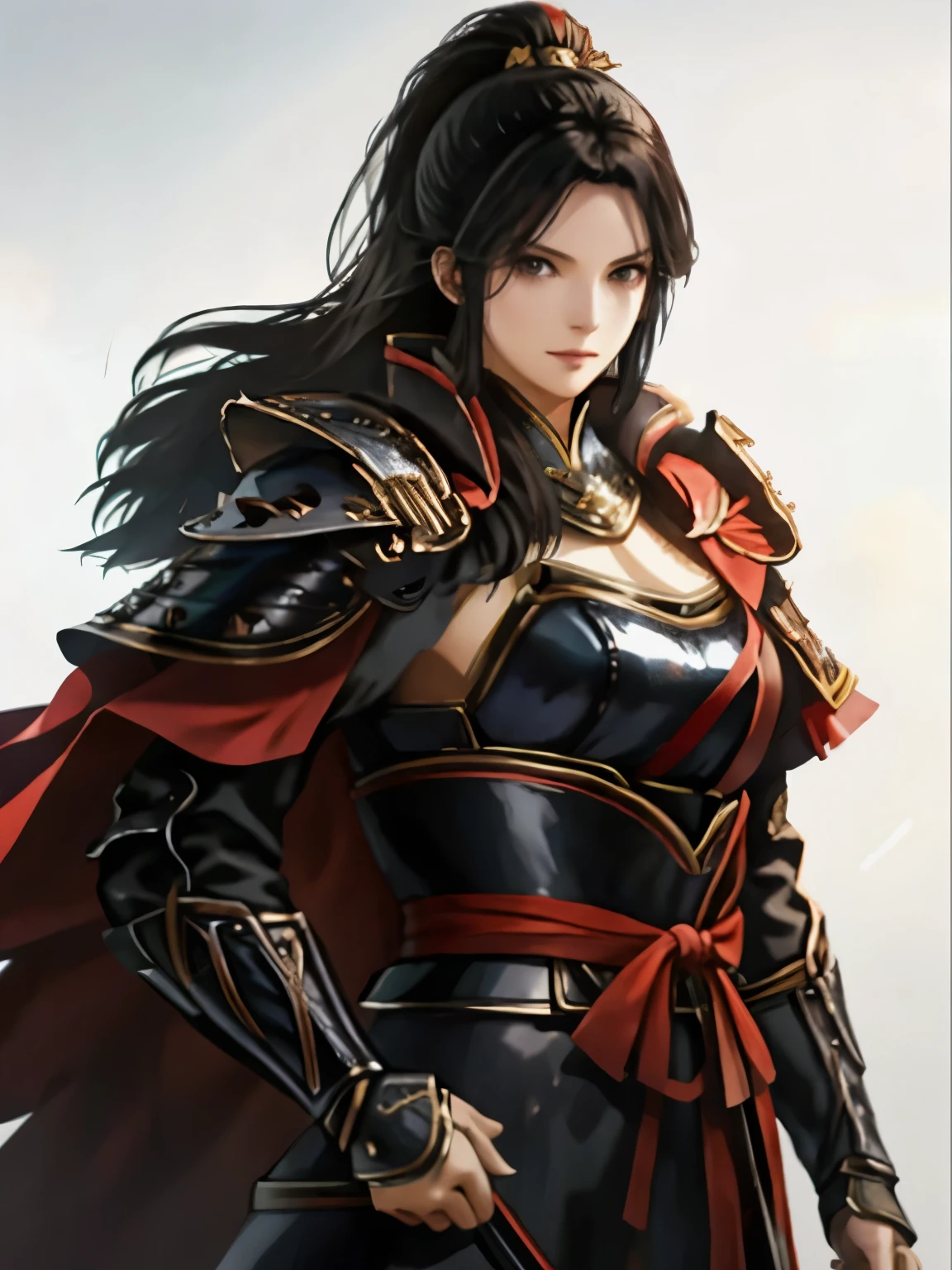 Beautiful black-haired woman :Beautiful female knight, one woman、1.3, Amazing Character Art, Hanfu,(( pure white background)), ( top quality), 2. 5D CGI fantasy artwork, detailed digital art , Very nice work of art, fan art best art station, (black velvet long cape),(warrior:1.2)( No Emotion)1.2,Japan、 accurately drawn hands 、 I'm putting my hands on my lower back, facing the front 、 The chest part of her armor is wide open、 breasts are exposed 、4k、 white background 、From the waist up