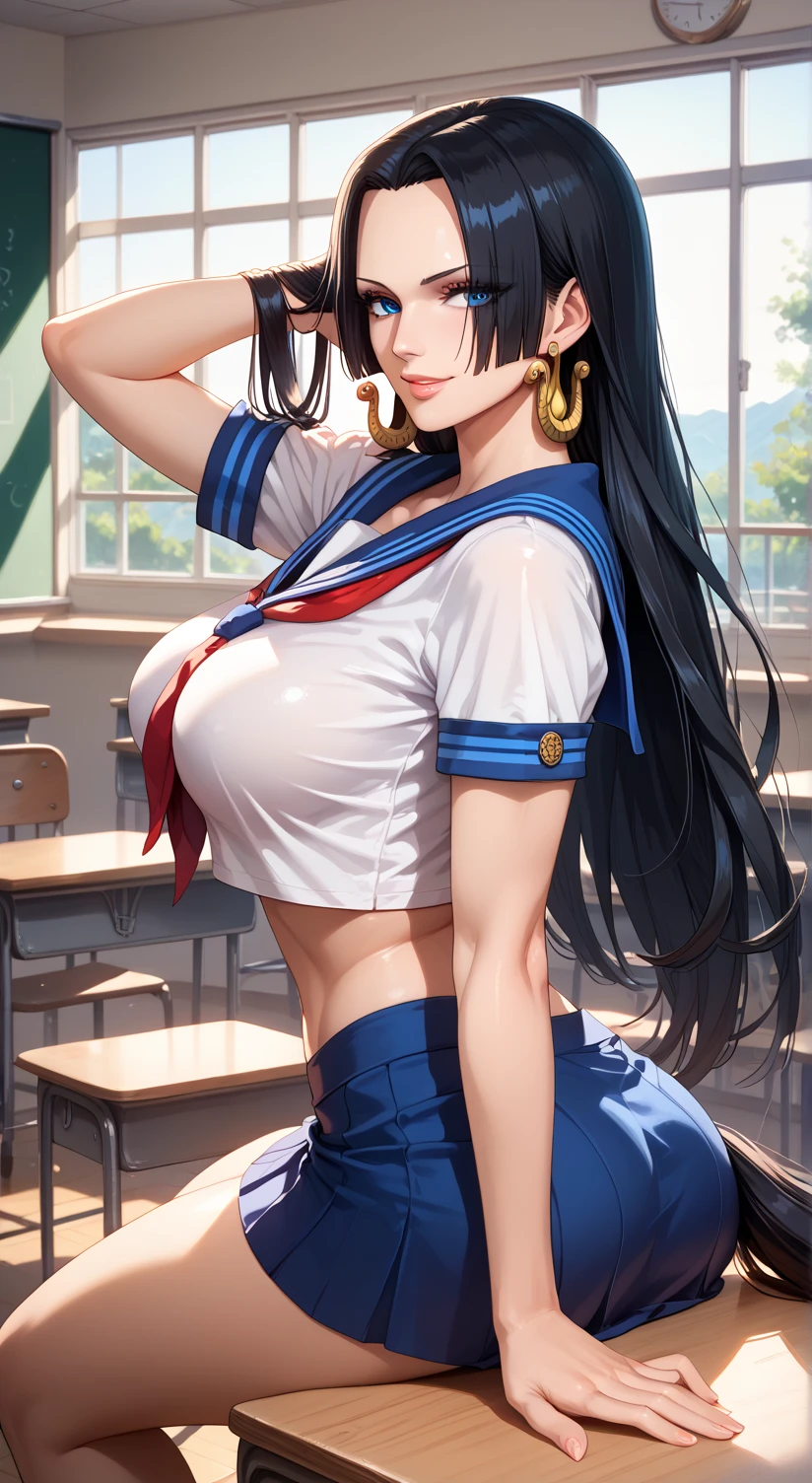 Close mouth,Milf, motherly, Fitgirl, Score_8_up, Score_7_up,  break, Best Quality, Beautiful Skin, Boa Hancock, Black Hair, blue eyes, Long Hair, forehead, Large Breasts, woman, sexy woman, mature female, mommy, sharp eyes, detailed lips, big breast, short sleeves sailor uniform, sexy sit, classroom, evil smiling, seductive lips, adjusting hair, short skirt, hunter eyes, looking back, midriff peek, earrings , high pony tail