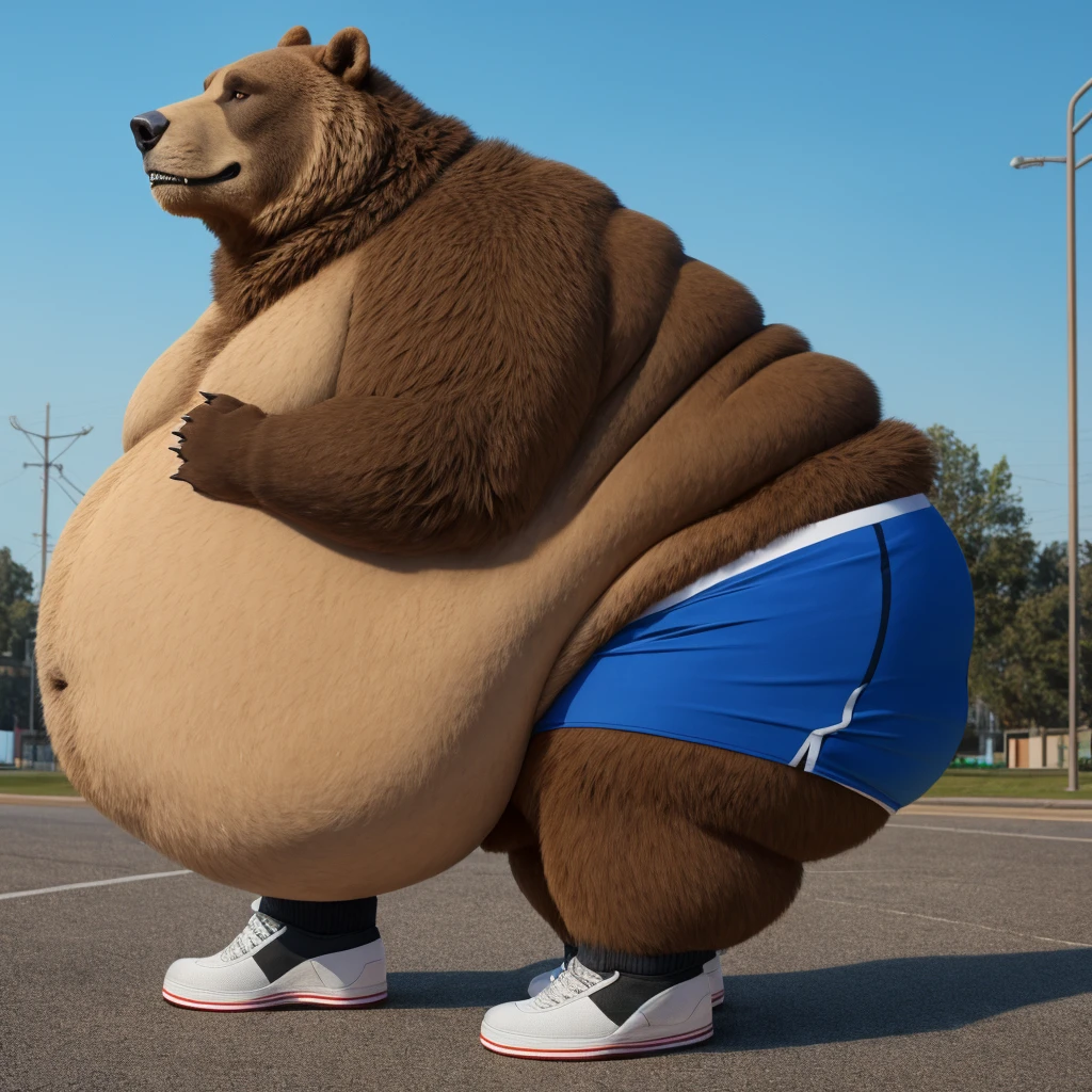 Fat Huge Furry Dog Bigger belly and large chunky body wearing Black Shorts and tennis shoes