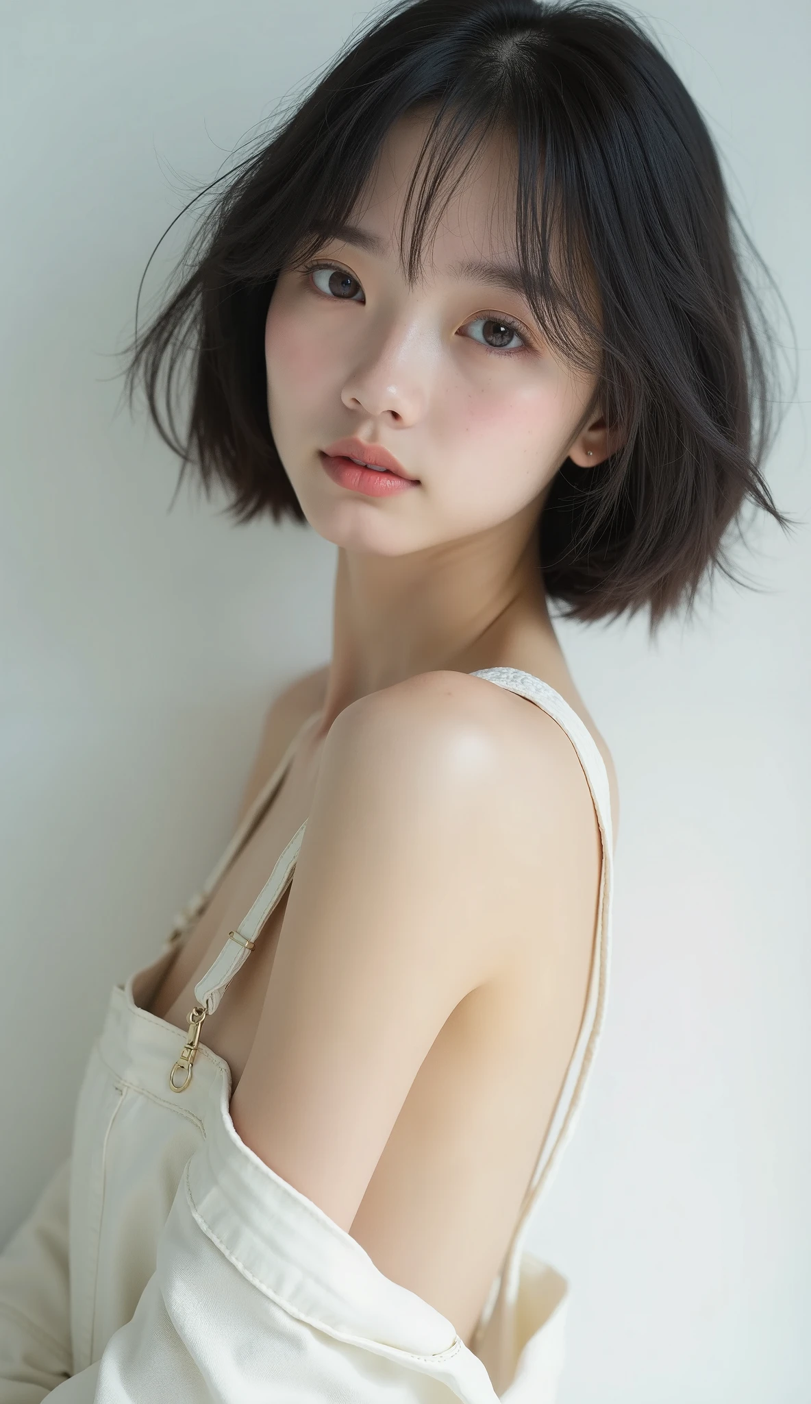(top-quality, masterpiece, hight resolution), (Realisticity),Portrait of a beautiful Japan woman、up on the face、Shoulder Shots、 One girl,age19、 Beautiful black hair、short-cut、 realistic skin textures,Cute white off-shoulder、ciinematic light、softlight、White background、(Nothing background)、