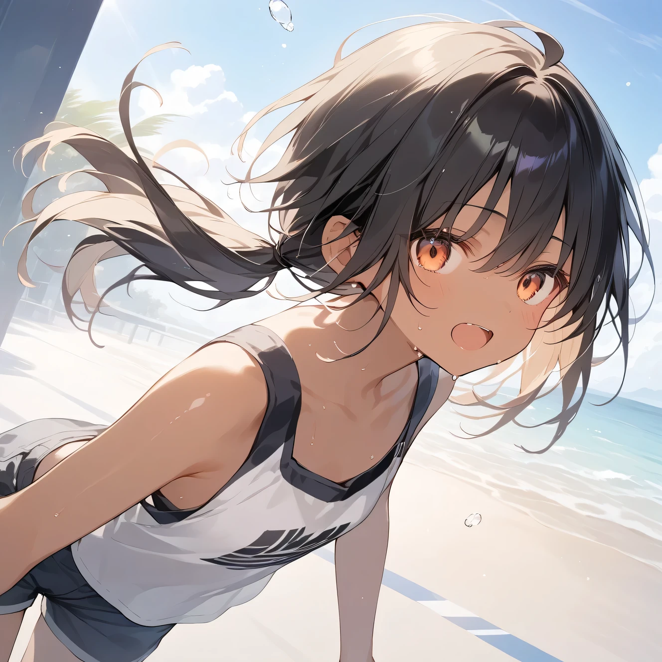 score_9, score_8_up, score_7_up, source_anime, best quality, masterpiece, official art, absurdres, highres, ultra-detailed,waifu2x,Collection: Slice of Life,break,1girl, 15-year-old, short hair, black hair, small breasts, beautiful detailed face, beautiful detailed eyes, well-proportioned iris and pupils, parted lips, beautiful detailed lips, bike shorts, sweat, expressionless, sleepily, fantasy, outdoors, wind, break,(clear line illustration:1.2),very high resolution, very aesthetic, super detailed skin, Best cinematic lighting powered by famous artist, 8k, beauty illustration,photoshop_(medium),,(Detailed Lighting),best anime 8k konachan wallpaper, pixiv contest winner,