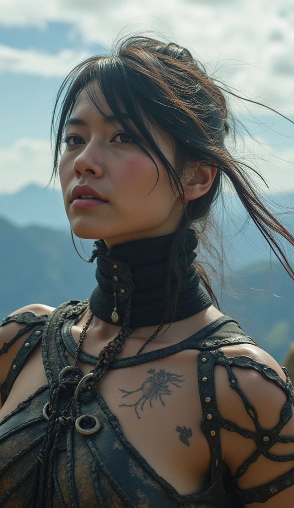 A close up of a woman with intricate facial tattoos and flowing hair, technoviking female with no shirt, with rune tattoos on her face, djinn human hybrid, norse goddess, picture of an adult female warrior, asgardian, muscular character, as a character in Tekken, inspired by Li Gonglin, inspired by Li Kan, avatar image, viking goddess