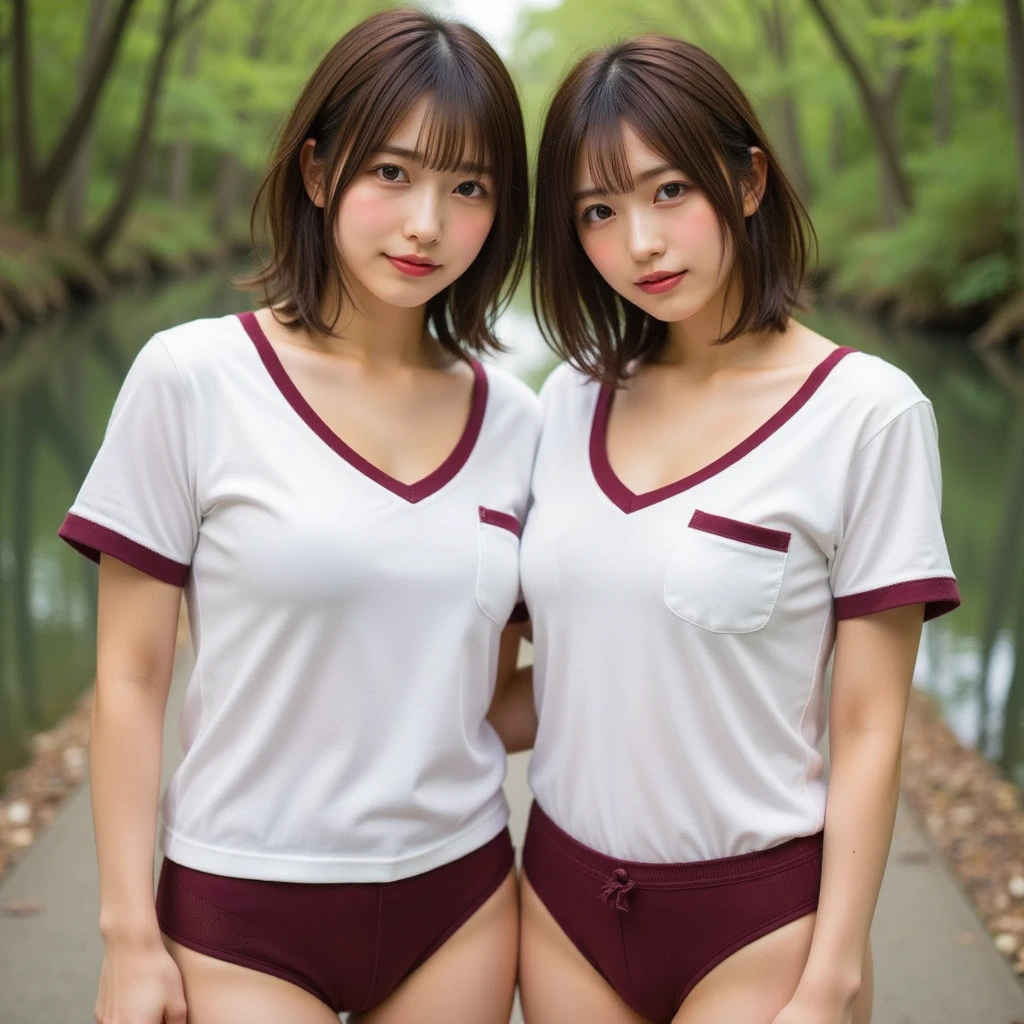 Two beautiful women standing on a riverside path,Speed-style dark red plain briefs,Plain white T-shirt with dark red trim,18-year-old,bangs,thighs,share,knees,short cut hair,ponytail,from below