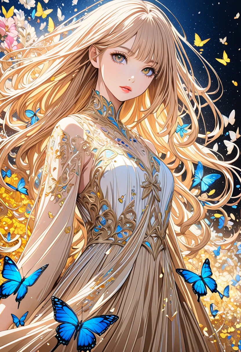  ( best quality ,  high image quality,  high definition , 8k),  Wears a Beige Thread Flowing Skirt , Anatomically perfect,  Very Attractive Pretty Girl ,  Exquisite Narrow Eyes ,  pink lips,  Her Beige Hair Flows in the Wind , Blue Butterflies and Yellow Butterflies , Lots of Petals ,   Swirling Around the Girl 、 Very Very Fantastic ,  Extraordinary Glitter ,  Glitter Art Decor, Soft Rich Level ,  Vivid Tones ,  Visually Beautiful Composition , Best Light ,  Shading Error ,  Complicated Ultra Detailed Art Pen , pentel illustration art, 
