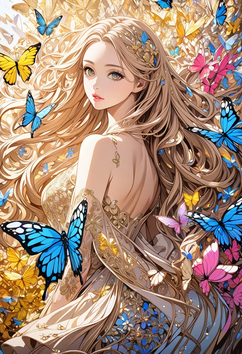  ( best quality ,  high image quality,  high definition , 8k),  Wears a Beige Thread Flowing Skirt , Anatomically perfect,  Very Attractive Pretty Girl ,  Exquisite Narrow Eyes ,  pink lips,  Her Beige Hair Flows in the Wind , Blue Butterflies and Yellow Butterflies , Lots of Petals ,   Swirling Around the Girl 、 Very Very Fantastic ,  Extraordinary Glitter ,  Glitter Art Decor, Soft Rich Level ,  Vivid Tones ,  Visually Beautiful Composition , Best Light ,  Shading Error ,  Complicated Ultra Detailed Art Pen , pentel illustration art, 
