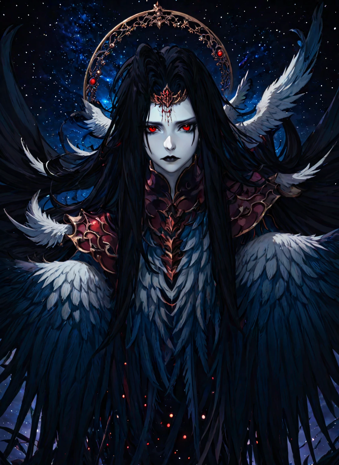 1girl,  solo, black armor, red feathers, bleeding eyes, male focus,  black hair,  black lips,  blue skin,  endsinger,  fantasy,  head wings,  long hair,  looking at viewer,  night,  night sky,  orb,  pale skin,  pointy ears,  wings, 