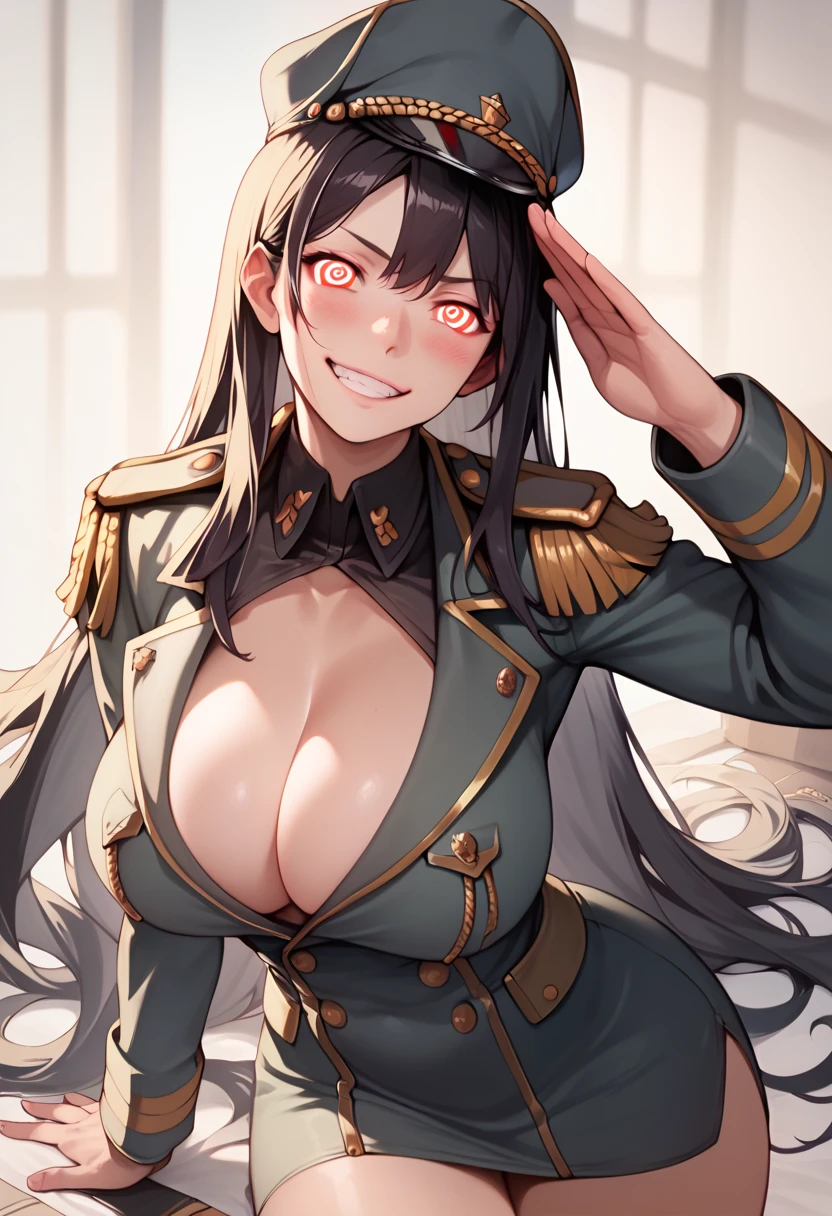 Score_9,Score_8_up,Score_7_up,detailed CG illustration,high res,Solo Beautiful woman,evilgrin,looking at viewer,salute,chestnut mouth,blush,posing,(large breast:1.15),cleavage,red eyes,(black long hair),(spiral eyes),hypnosis,millitary cap,tight royal military uniform,Epaulette,general's office,cowboy shot