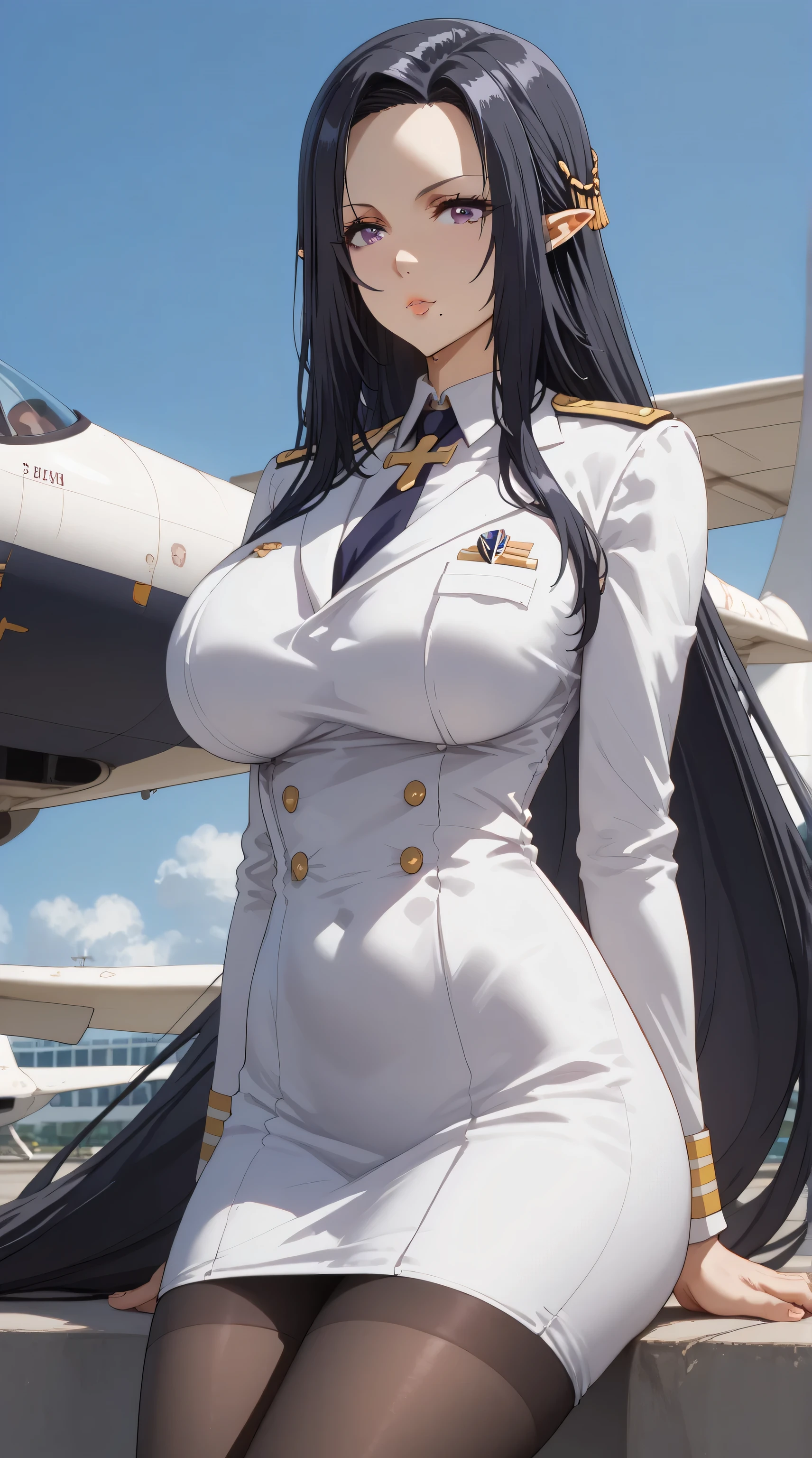 Source anime, Tall girl, Fit girl,score_9, score_8_up, score_7_up, score_6_up, ultra-detailed, 1girl, gamma, long hair, purple eyes, black hair, very long hair, pointy ears, mole, mole under mouth, huge breast, Sexy woman in flight attendant uniform、ukranian、Ukrainian goddess、Jaw-dropping beauty、Wear surreal pantyhose、Sit cross-legged on an airplane