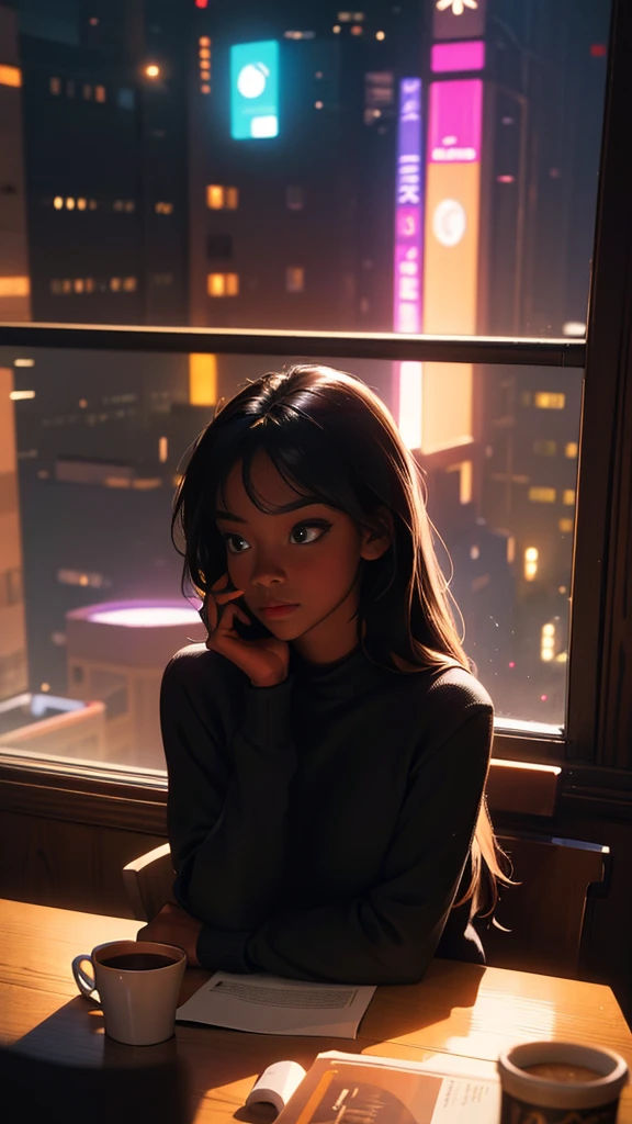 ((masterpiece, best quality, ultra detailed, ultra high res)), ((night)), (distant), chiaroscuro, coffee, indoors, solo focus, pov, (through the window), (armrest), 1 girl,(dark skin), ebony skin, ebony nose, full lips, facing away, black hair, long hair, distracted, sitting, fuzzy sweater shirt, (looking away), streetspace, neon lights, particles, luminous dark brown eyes,