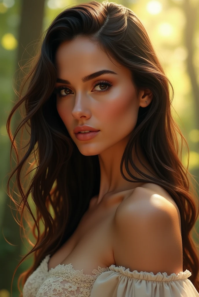 AI photos of humanoids with natural skin, length, Flowing, Voluminous Hair, Sharp eyes, A thin, upturned nose, Well-shaped lips, Hourglass-shaped body shape, Typical outfit and make-up, Exquisitely crafted with the utmost attention to detail, Vibrant, Vivid, amazing, Smooth, Cinematic, 4K, Backlight, The depth of the written world