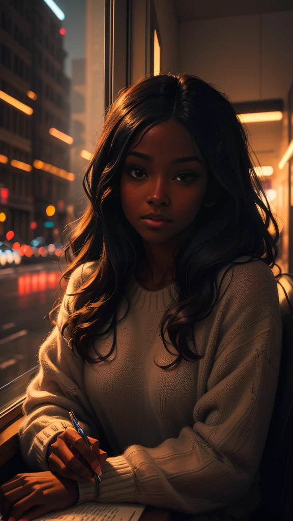 ((masterpiece illustration, best quality, ultra detailed, ultra high res)), ((night)), (distant), chiaroscuro, coffee, indoors, solo focus, pov, (through the window), (armrest), 1 woman,(dark skin), ebony skin, ebony nose, full lips, facing away, black hair, long hair, distracted, sitting, fuzzy sweater shirt, (looking away), streetspace, neon lights, particles, luminous dark brown eyes,