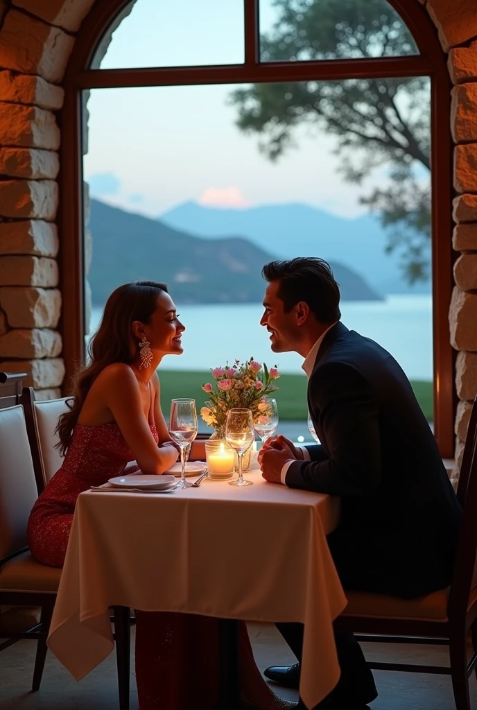 A style women and a man sitting on a 🏞️ table