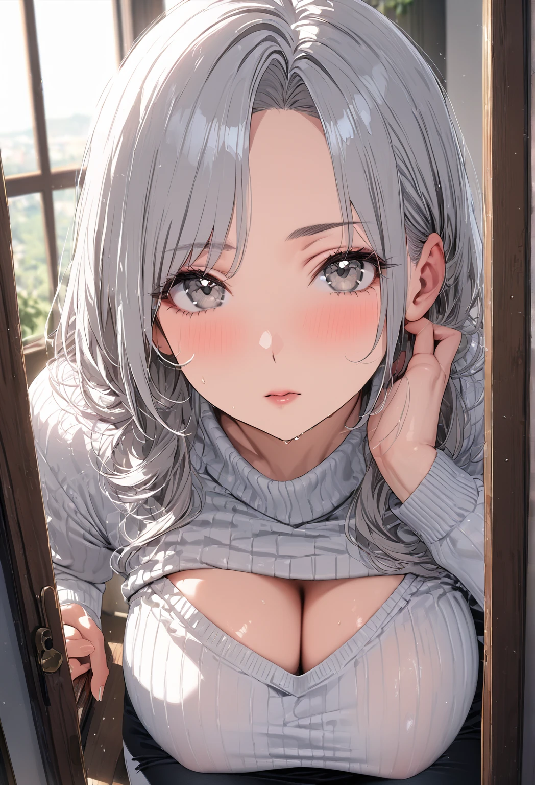 ((Highest quality)), ((masterpiece)), (detailed), (One girl), Sexy, height１６８bust 1２0cm busty housewife, mature woman, White hair, Mature Woman, A mother with grey eyes, Looking at viewer with gentle eyes, White turtleneck sweater, (detailed), 4k, 8k, 16k, ultra quality, detailed textures, sharpness, ((alone)), ((front view)), mature woman, milf, housewife, sexy, curvy hip, shiny skin, glossy skin, modest chest, skin tone is fair and smooth, with a natural flush across her cheeks, face has a soft, oval shape with slightly rounded cheeks, delicate hair strands falling gently on to her face, parted bangs, background indoor, window is open, beautiful fantasy demonic landscape view from window, full body, sitting