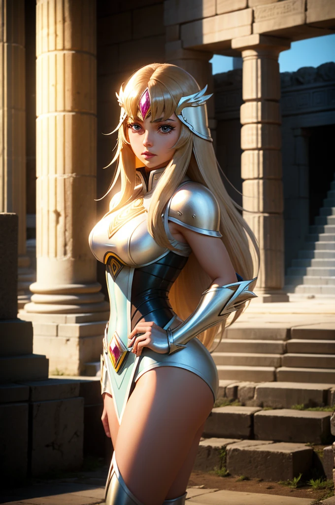 just a woman. Beautiful woman with round and firm breasts and a fit body. She is cosplaying as the personal Yuna de Aguila from Saint Seiya Omega. Her outfit is a bolder version of the original. She is in an ancient Greek sanctuary. Dynamic lighting and dynamic shadows. Detailed. High resolution.