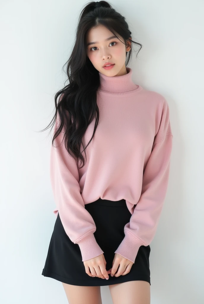 1girl,black long hair,thick body,pink shirt,